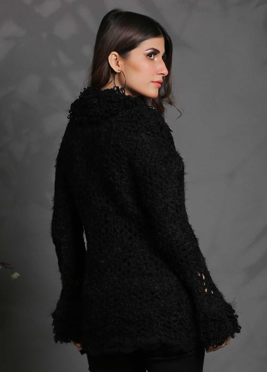 Sanaulla Exclusive Range Fancy Woolen Free Size  Sweater SUE21S G-F D414-Black - Woolen Women Sweaters