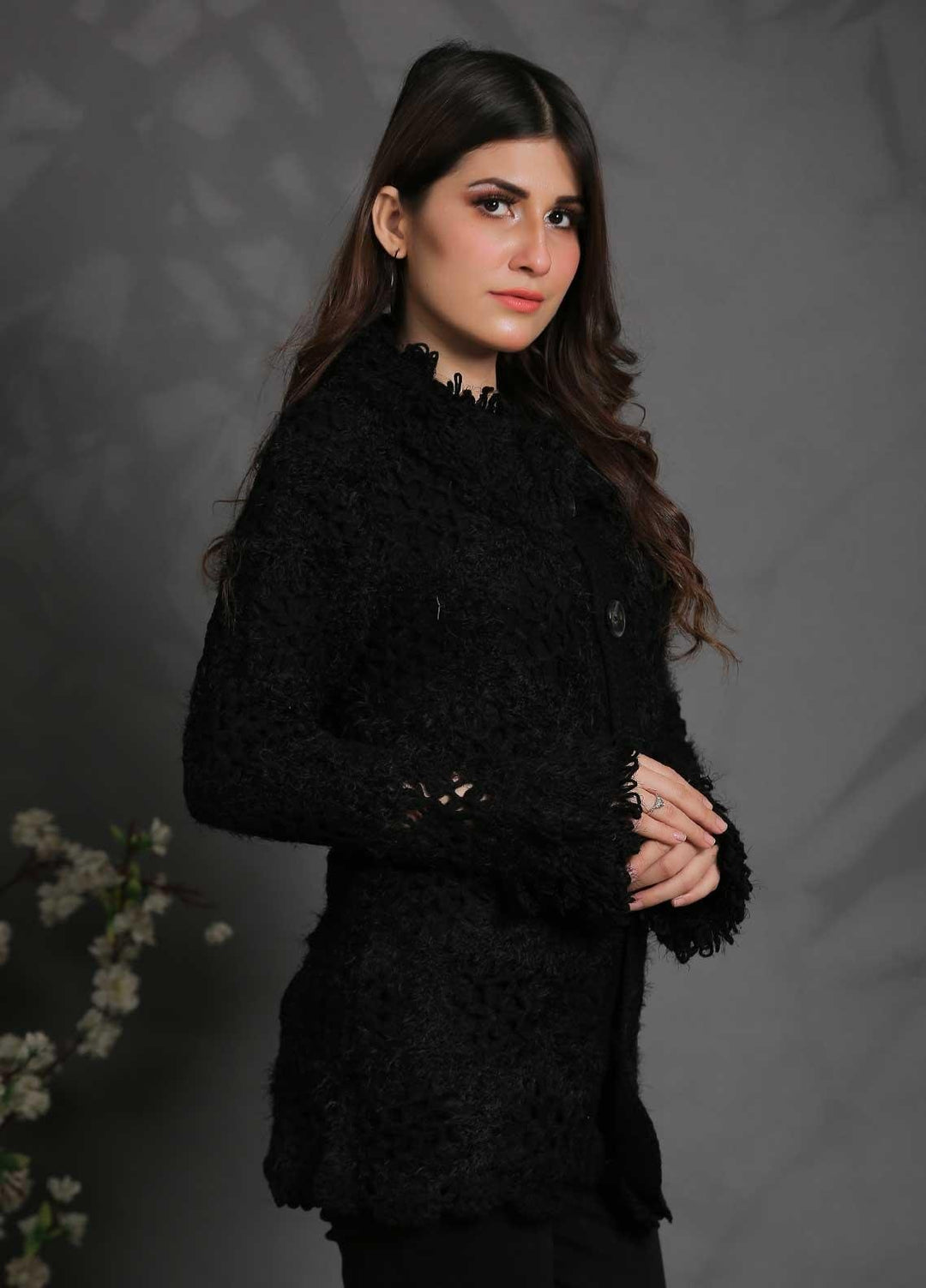 Sanaulla Exclusive Range Fancy Woolen Free Size  Sweater SUE21S G-F D414-Black - Woolen Women Sweaters