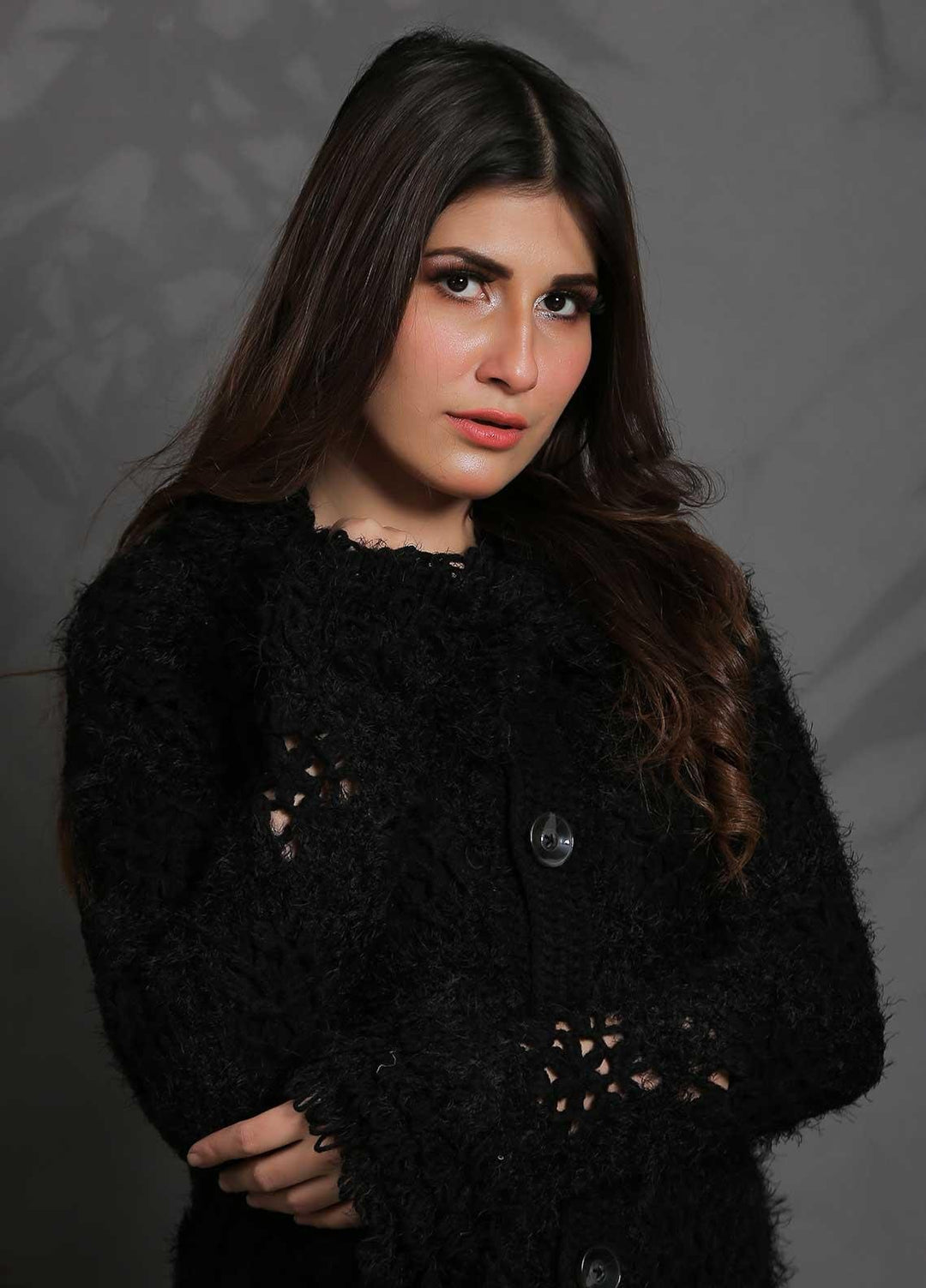 Sanaulla Exclusive Range Fancy Woolen Free Size  Sweater SUE21S G-F D414-Black - Woolen Women Sweaters