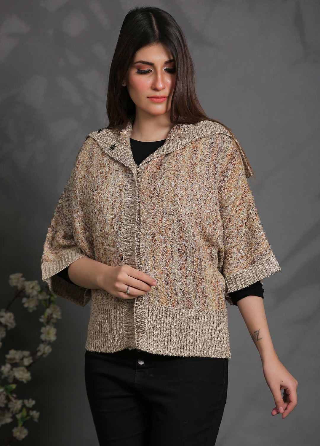 Sanaulla Exclusive Range Fancy Woolen Free Size  Sweater SUE21S G-F A10040-Fawn - Woolen Women Sweaters