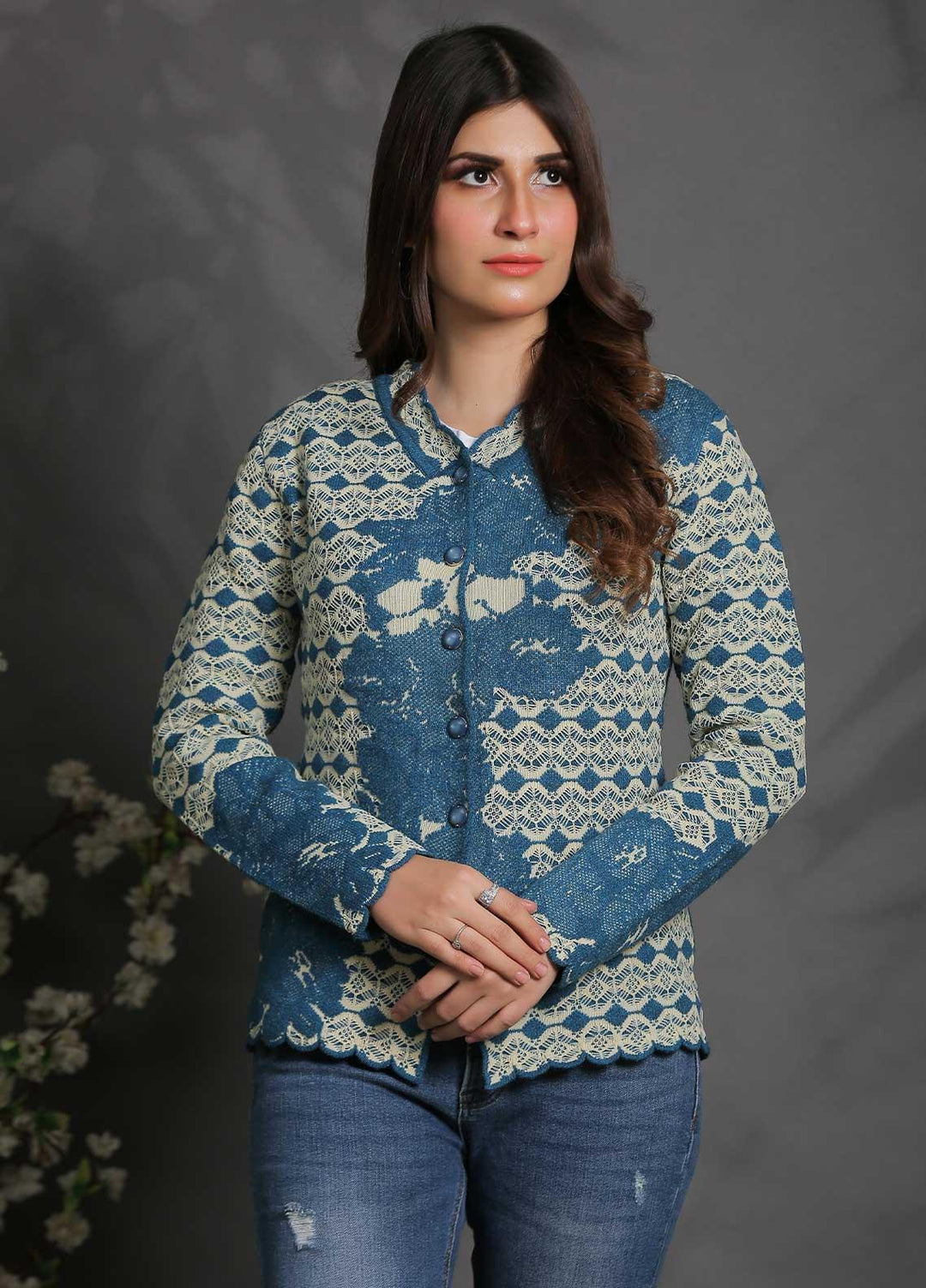 Sanaulla Exclusive Range Fancy Woolen Free Size  Sweater SUE21S G-F F181146-60-Blue - Woolen Women Sweaters