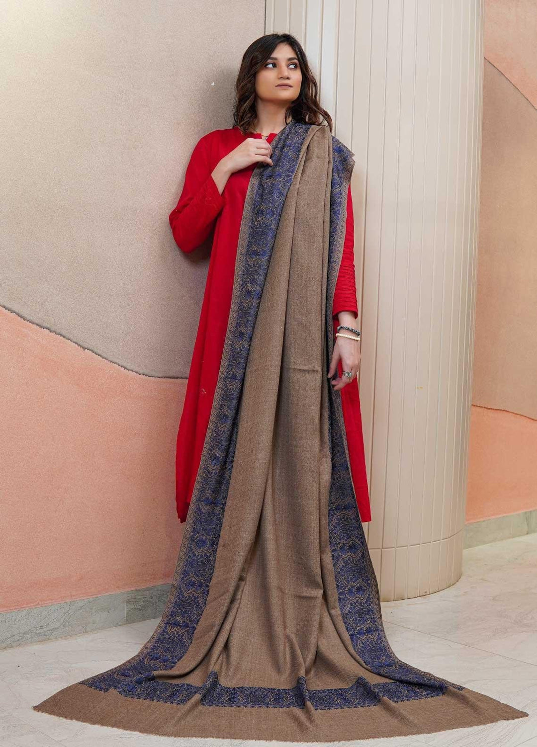 Sanaulla Exclusive Range  Pashmina  Shawls AKP-10 D Brown 01 - Pashmina Shawls