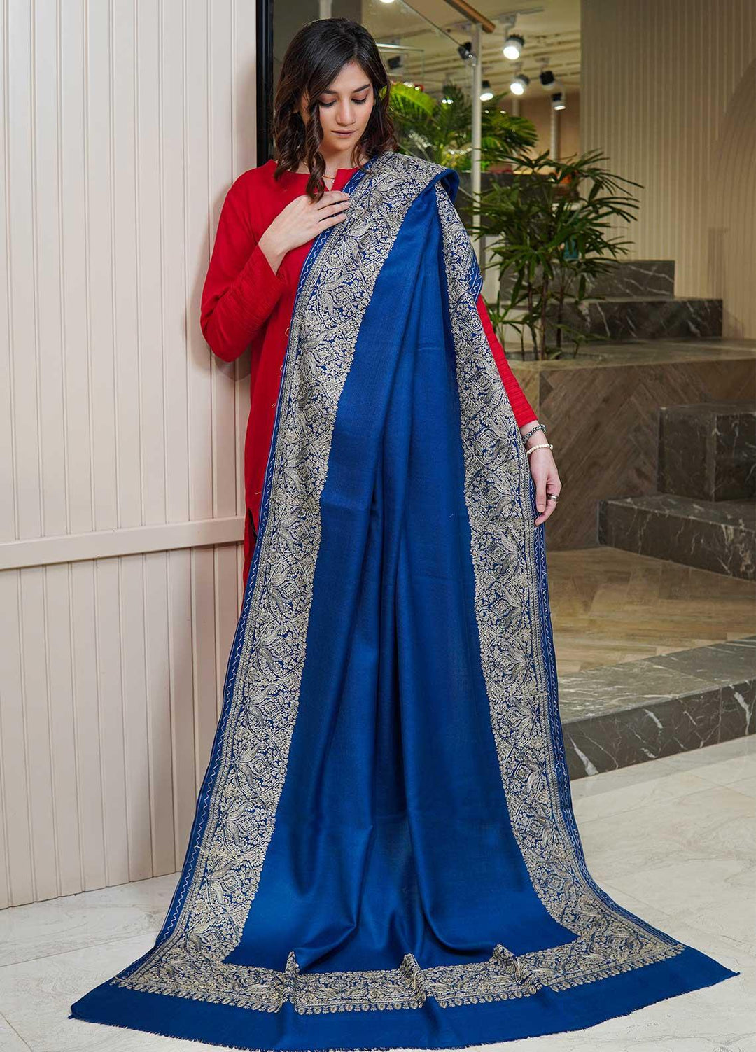 Sanaulla Exclusive Range  Pashmina  Shawls AKP-10 Royal Blue - Pashmina Shawls