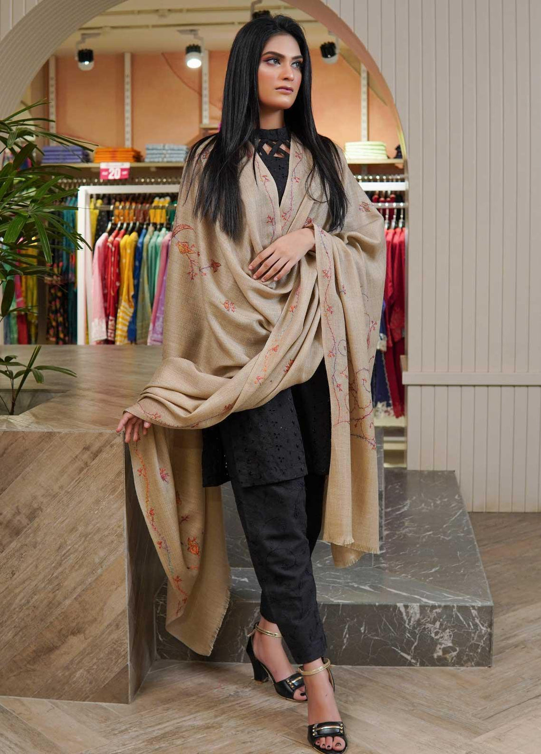 Sanaulla Exclusive Range  Pashmina  Shawls AKP-05 Beige 06 - Pashmina Shawls