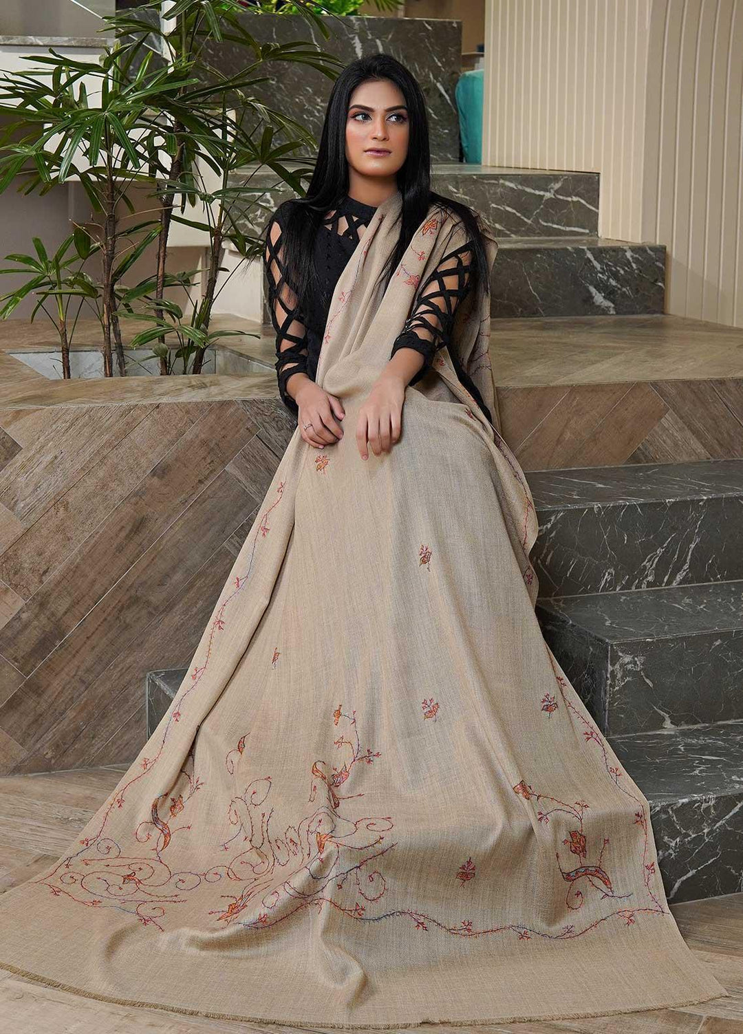 Sanaulla Exclusive Range  Pashmina  Shawls AKP-05 Beige 06 - Pashmina Shawls