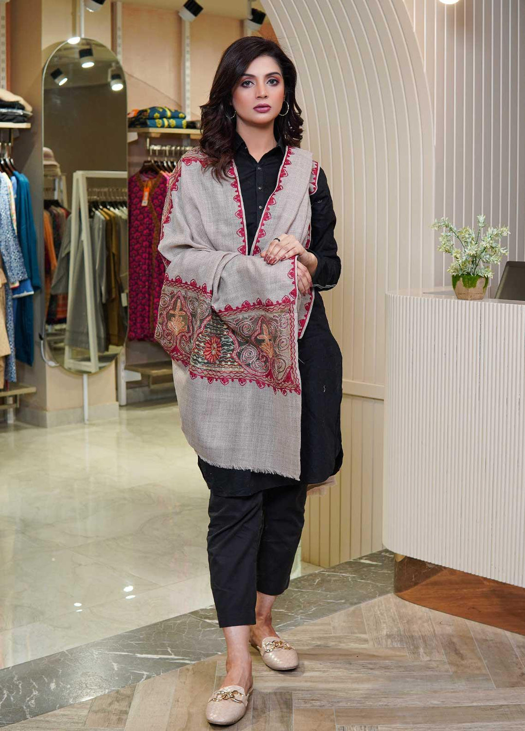 Sanaulla Exclusive Range  Pashmina  Shawls AKP-12 Grey - Pashmina Shawls