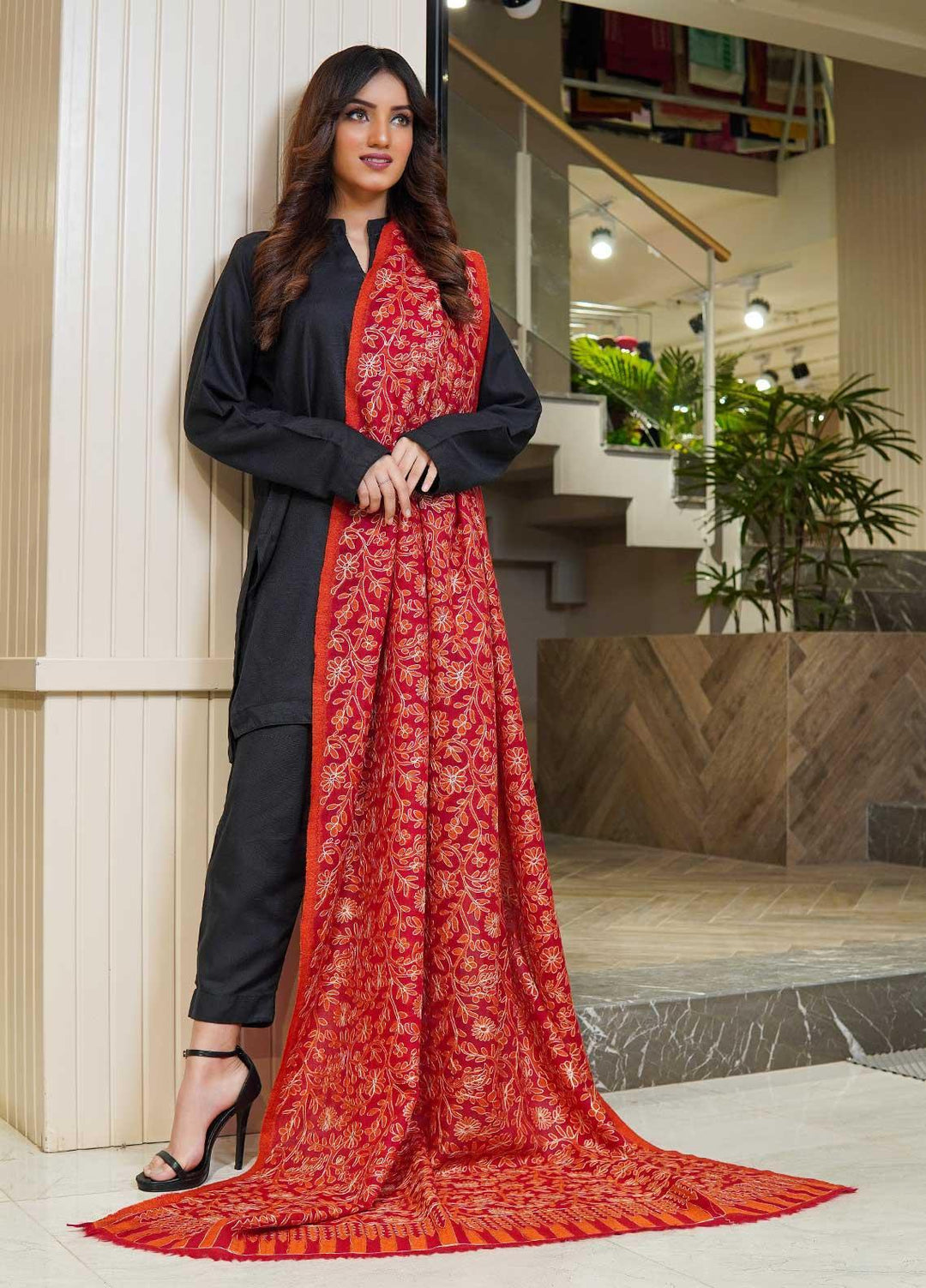 Sanaulla Exclusive Range  Pashmina  Shawls MAMA-06 Red - Pashmina Shawls