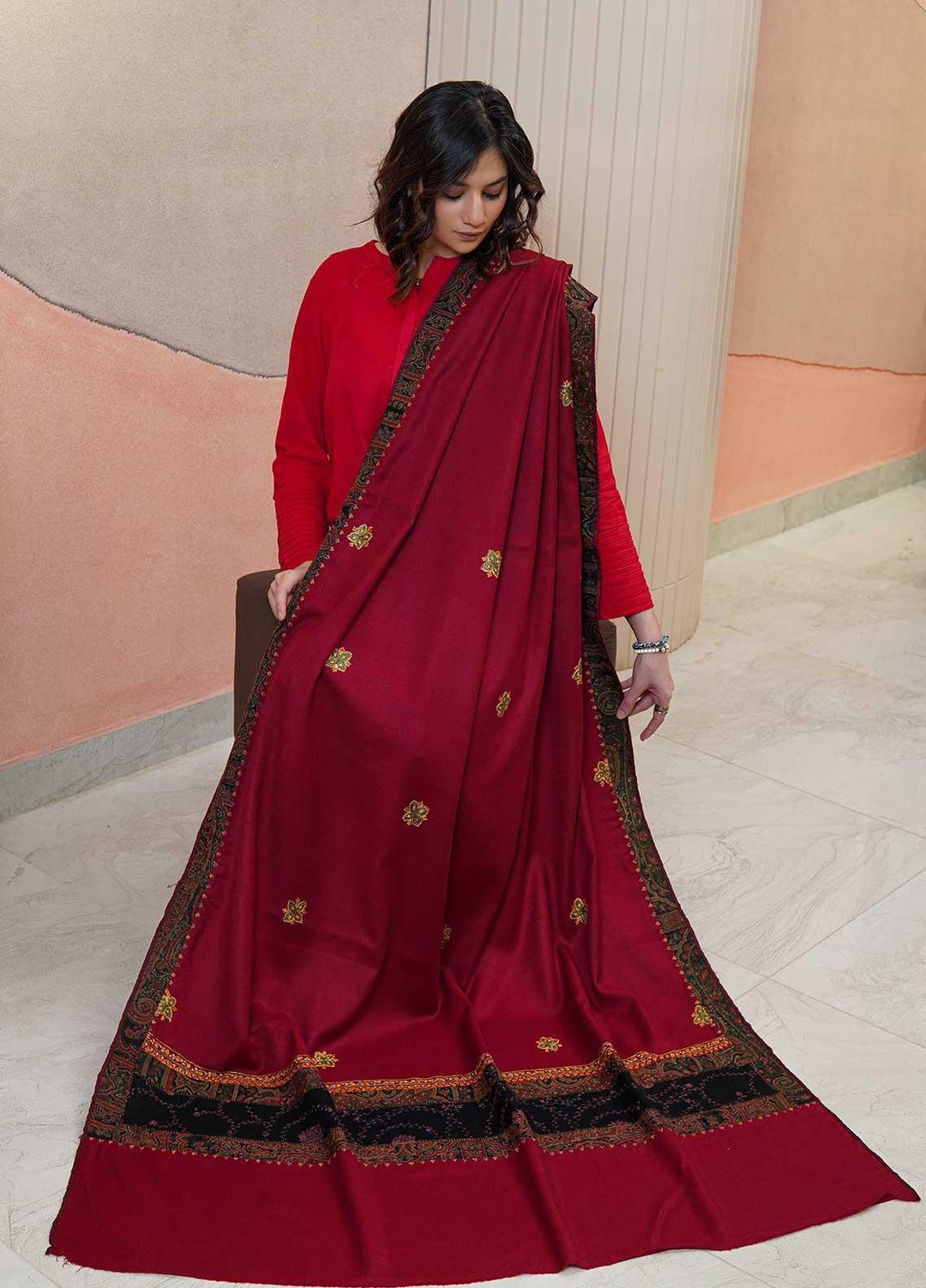 Sanaulla Exclusive Range  Pashmina  Shawls AKP-17 Maroon - Pashmina Shawls