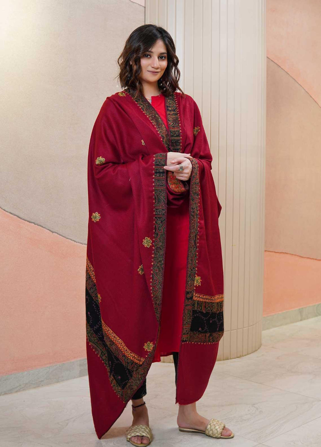 Sanaulla Exclusive Range  Pashmina  Shawls AKP-17 Maroon - Pashmina Shawls