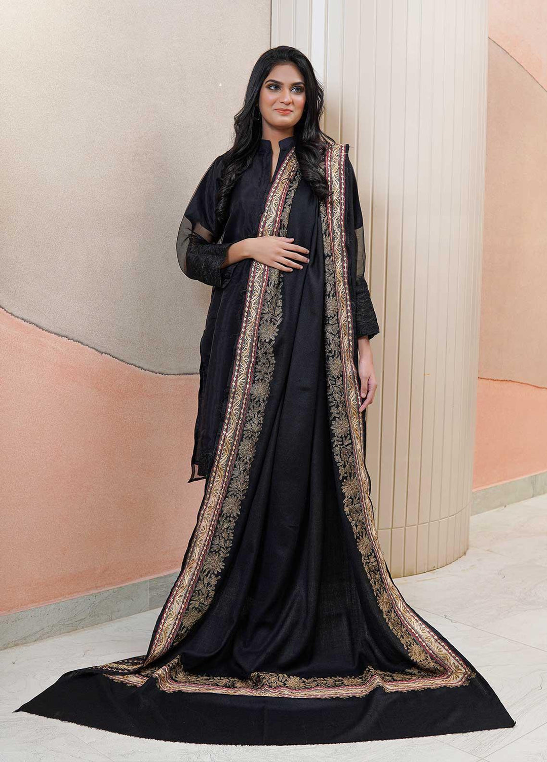 Sanaulla Exclusive Range  Pashmina  Shawls Naliki Tissue Boder KPS-01 Black - Pashmina Shawls