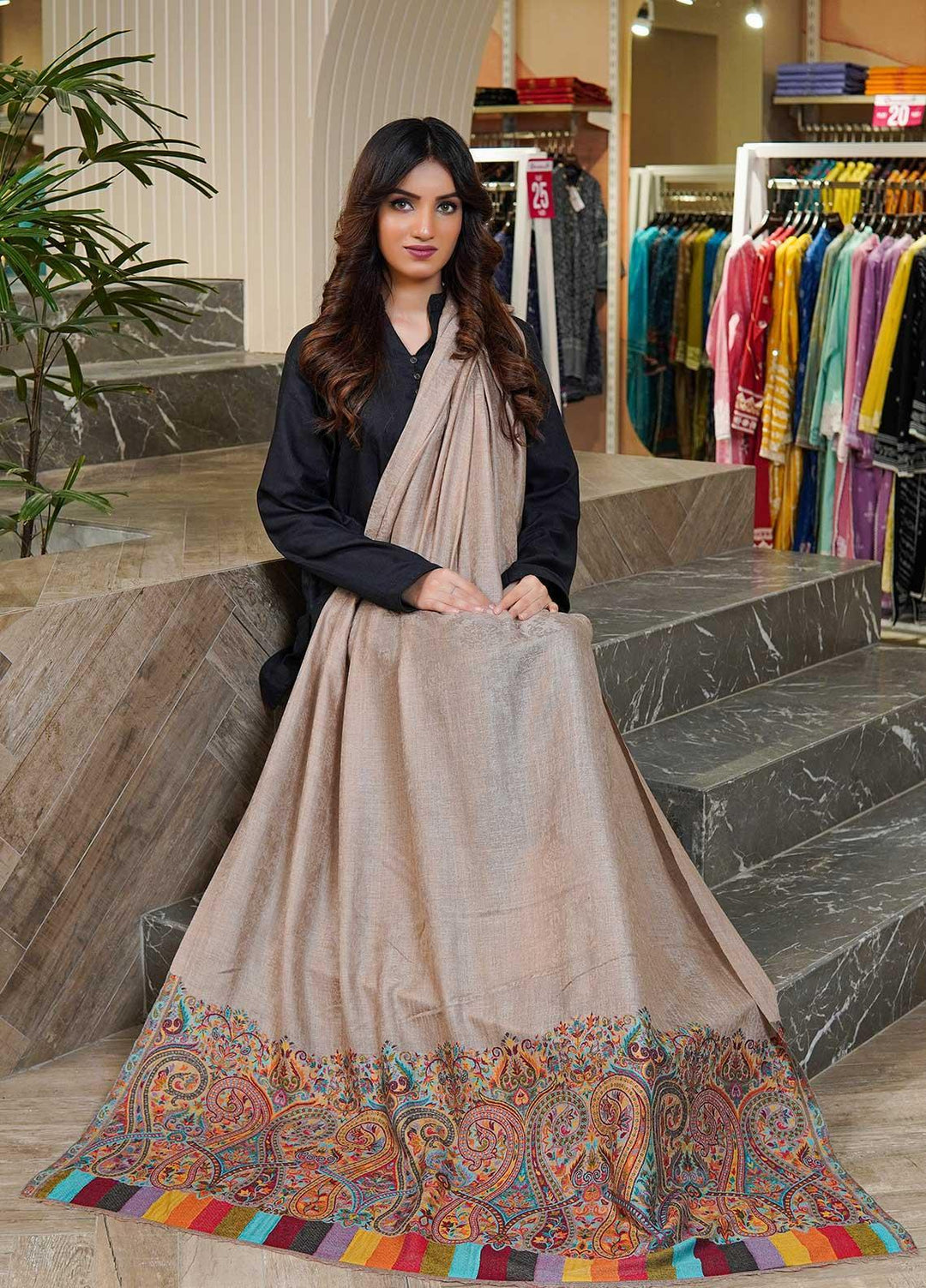 Sanaulla Exclusive Range  Pashmina  Shawls MAMA-09 Beige-7 - Pashmina Shawls