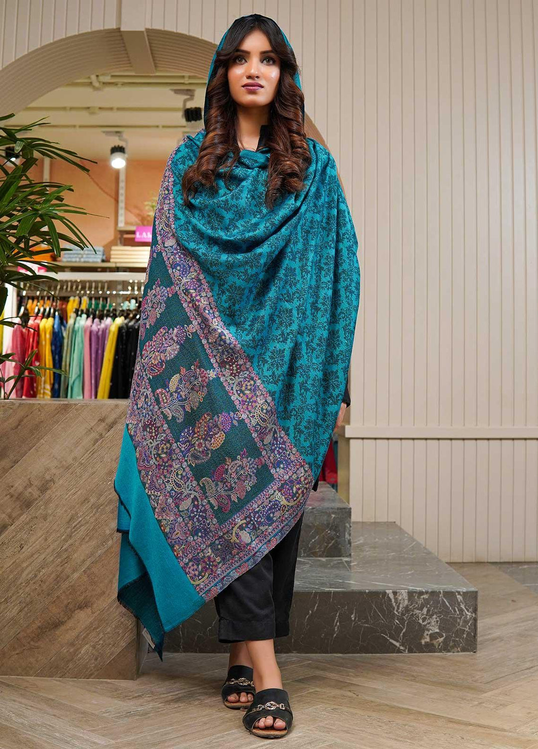 Sanaulla Exclusive Range  Pashmina  Shawls MAMA-09 Ferozi-2 - Pashmina Shawls