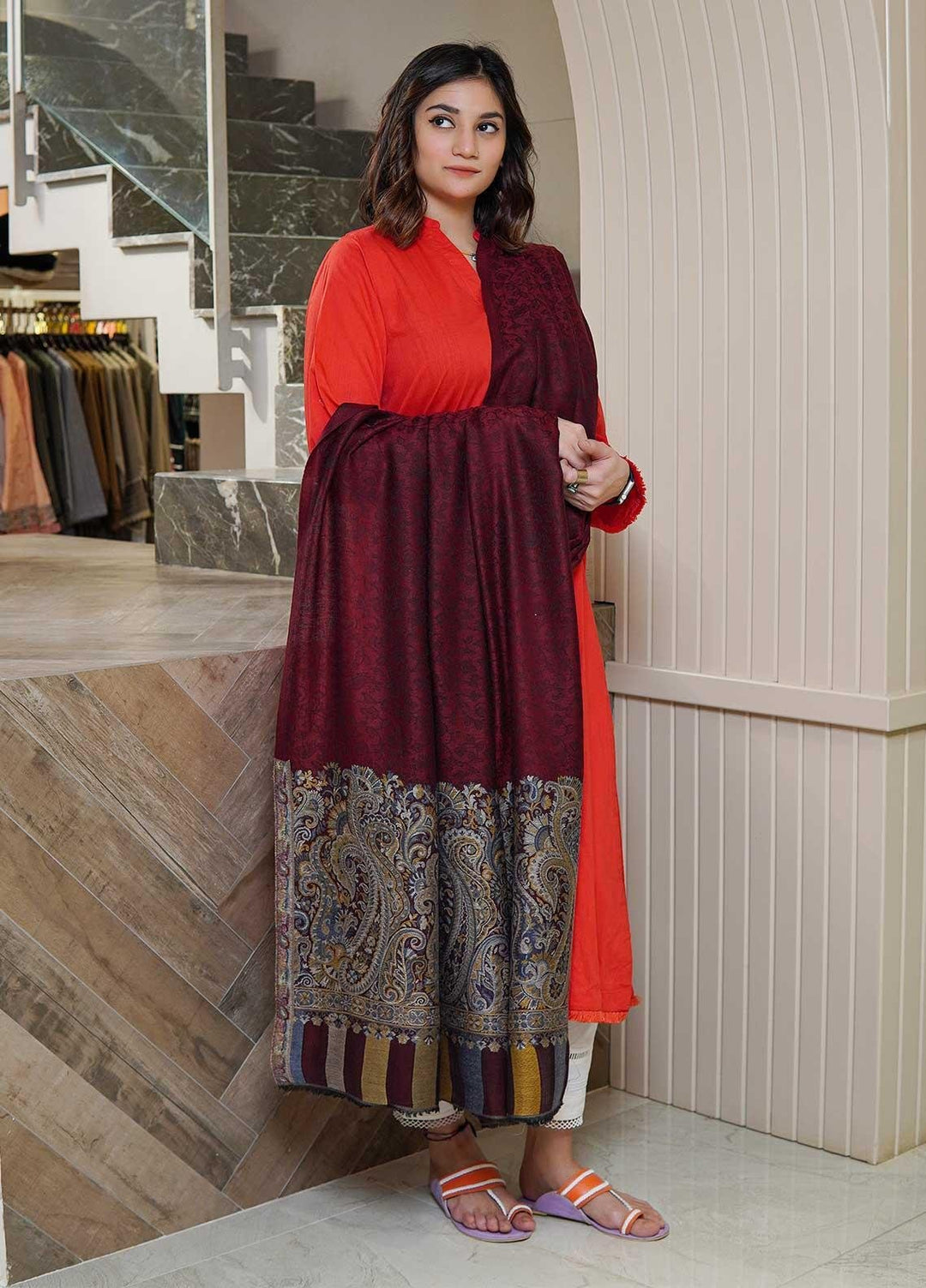Sanaulla Exclusive Range  Pashmina  Shawls MAMA-09 Maroon-2 - Pashmina Shawls