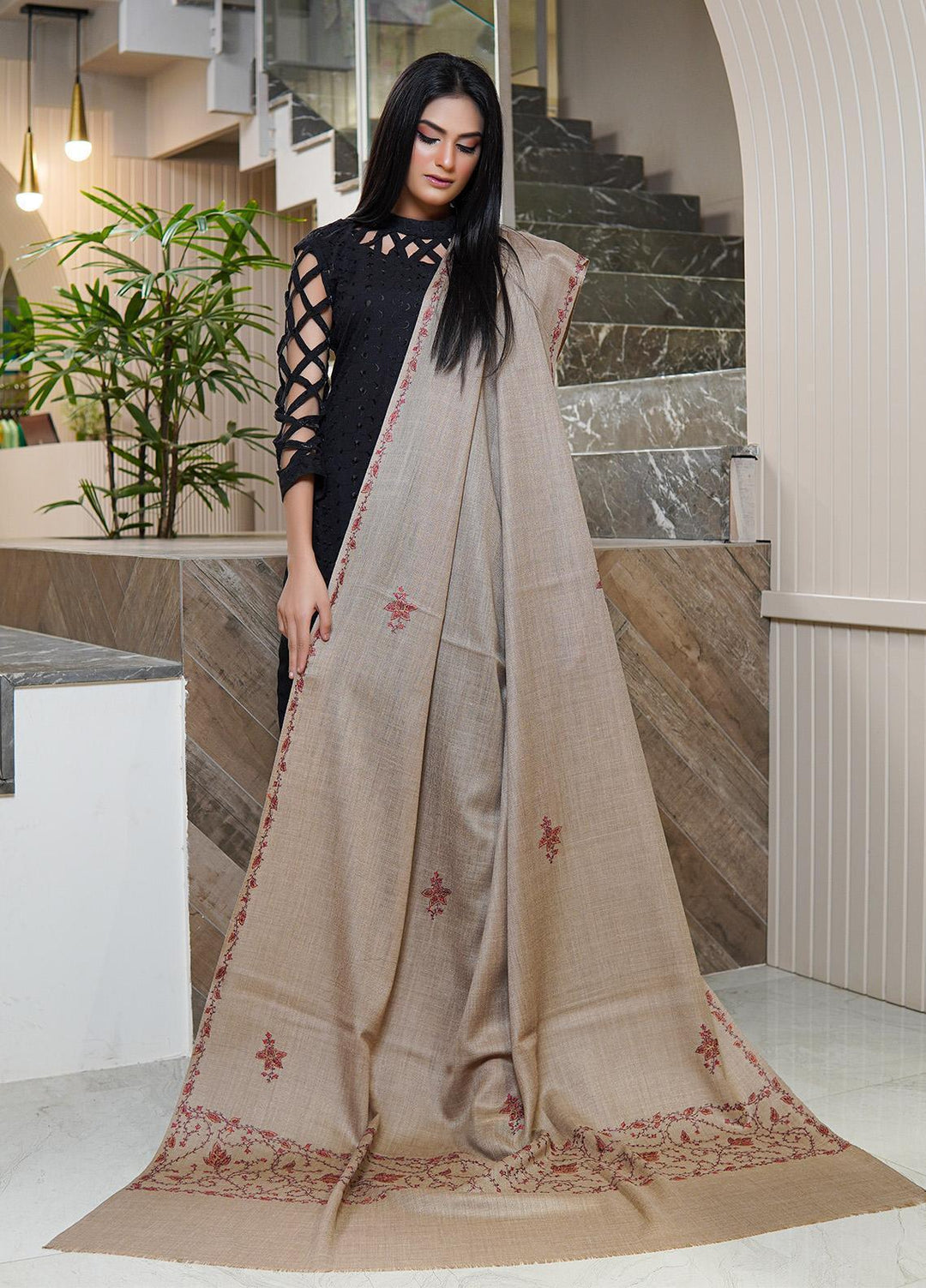 Sanaulla Exclusive Range  Pashmina  Shawls MAMA-30 Brown-2 - Pashmina Shawls