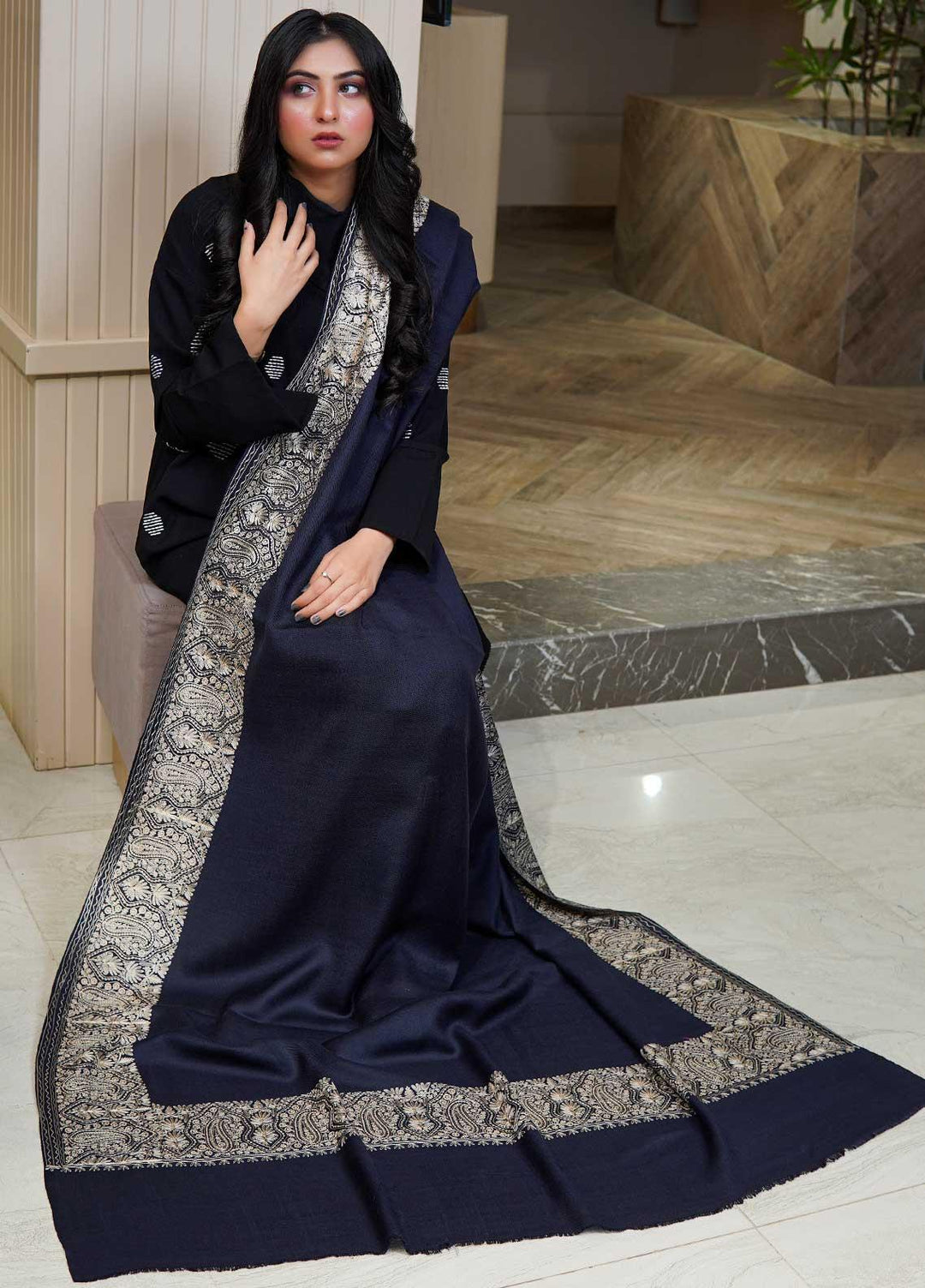 Sanaulla Exclusive Range  Pashmina  Shawls AKP-10 Navy - Pashmina Shawls
