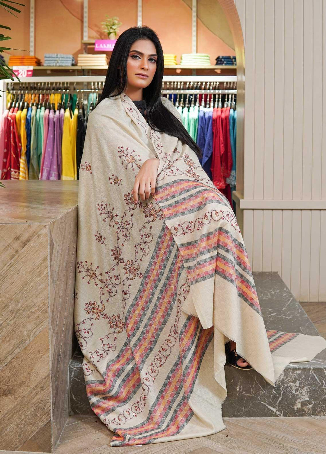 Sanaulla Exclusive Range  Pashmina  Shawls Multi Palla Emb DD KPS-45 Fawn03 - Pashmina Shawls