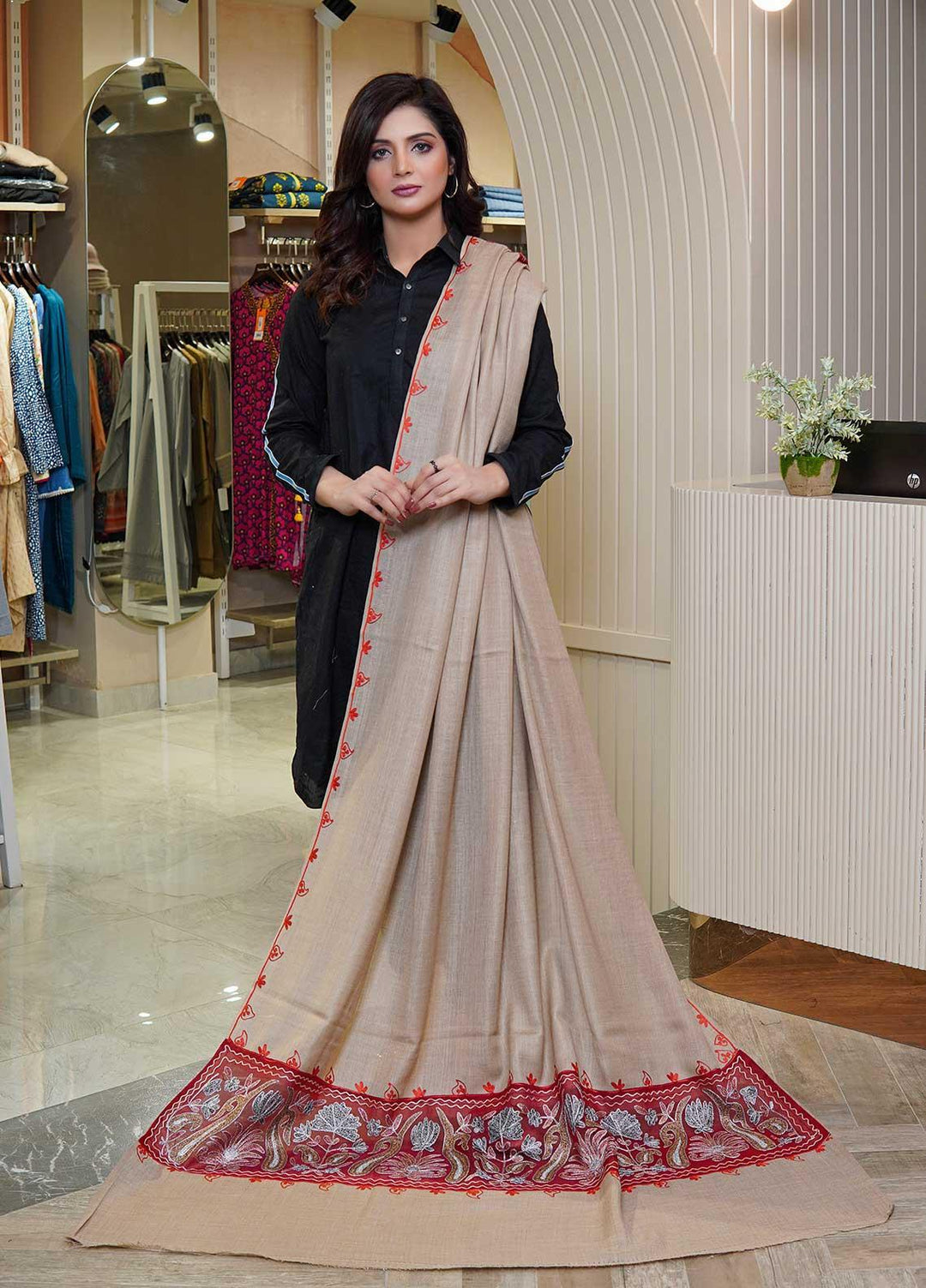 Sanaulla Exclusive Range  Pashmina  Shawls AKP-12 Beige 01 - Pashmina Shawls