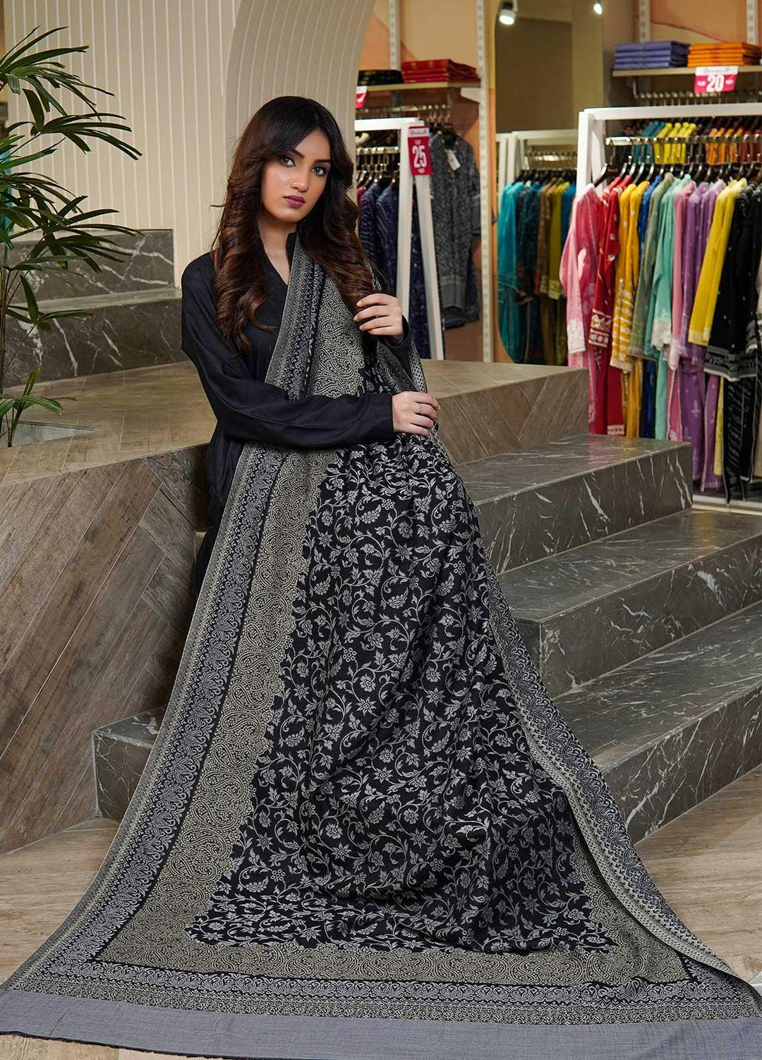 Sanaulla Exclusive Range  Pashmina  Shawls MAMA-12 Black-2 - Pashmina Shawls