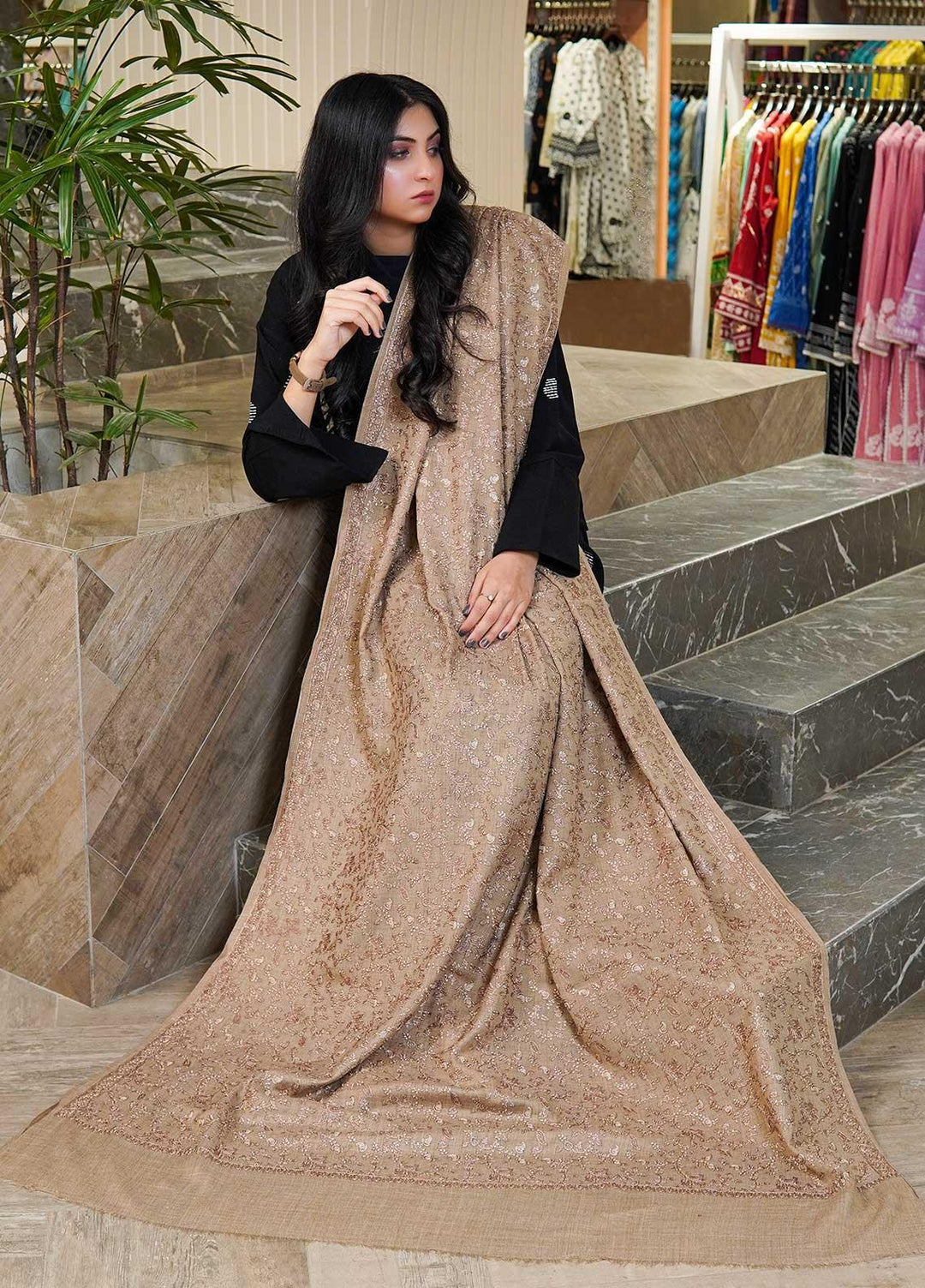 Sanaulla Exclusive Range  Pashmina  Shawls AKP-13 Beige 04 - Pashmina Shawls