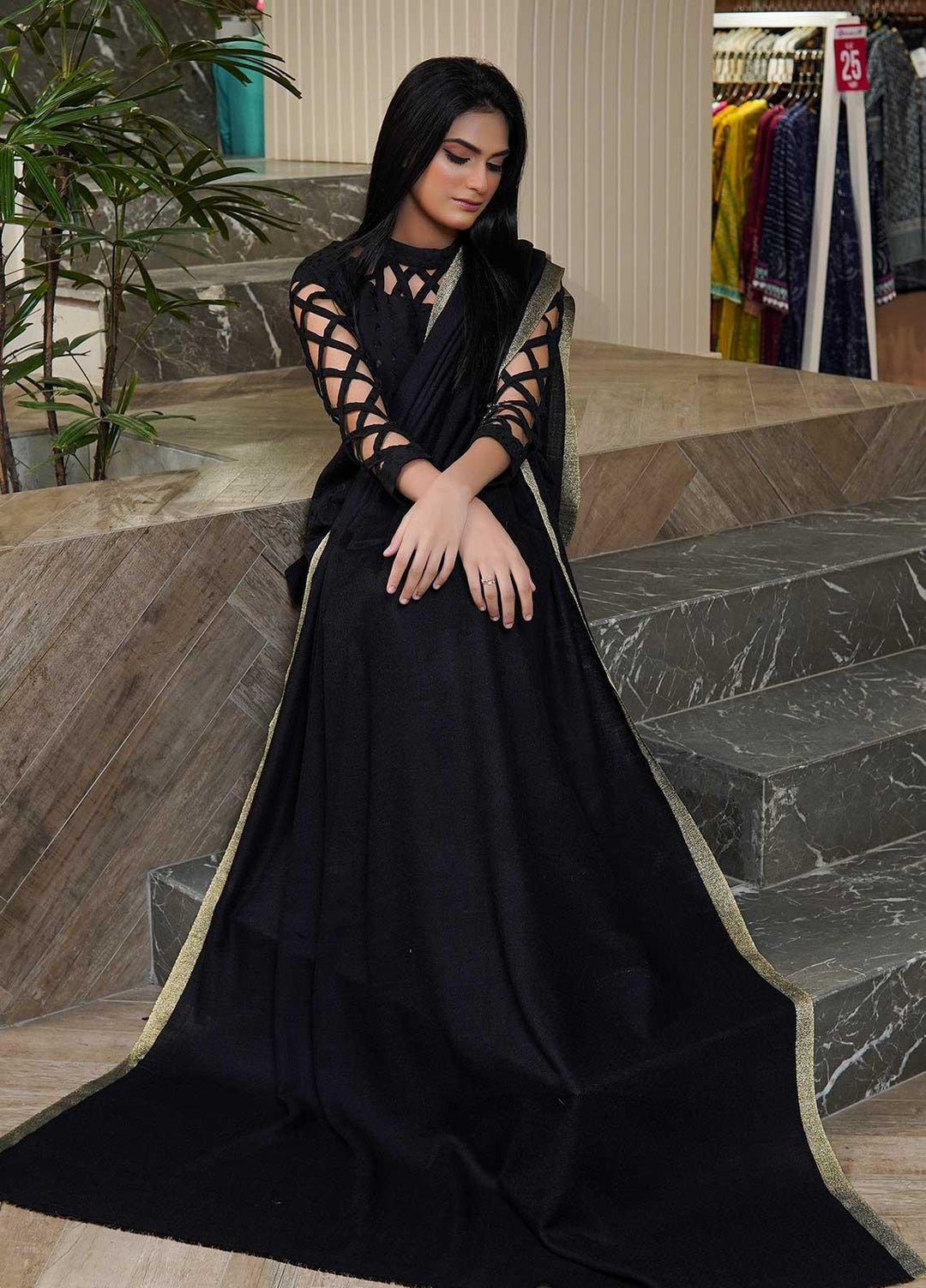 Sanaulla Exclusive Range  Pashmina  Shawls MAMA-41 Black-1 - Pashmina Shawls