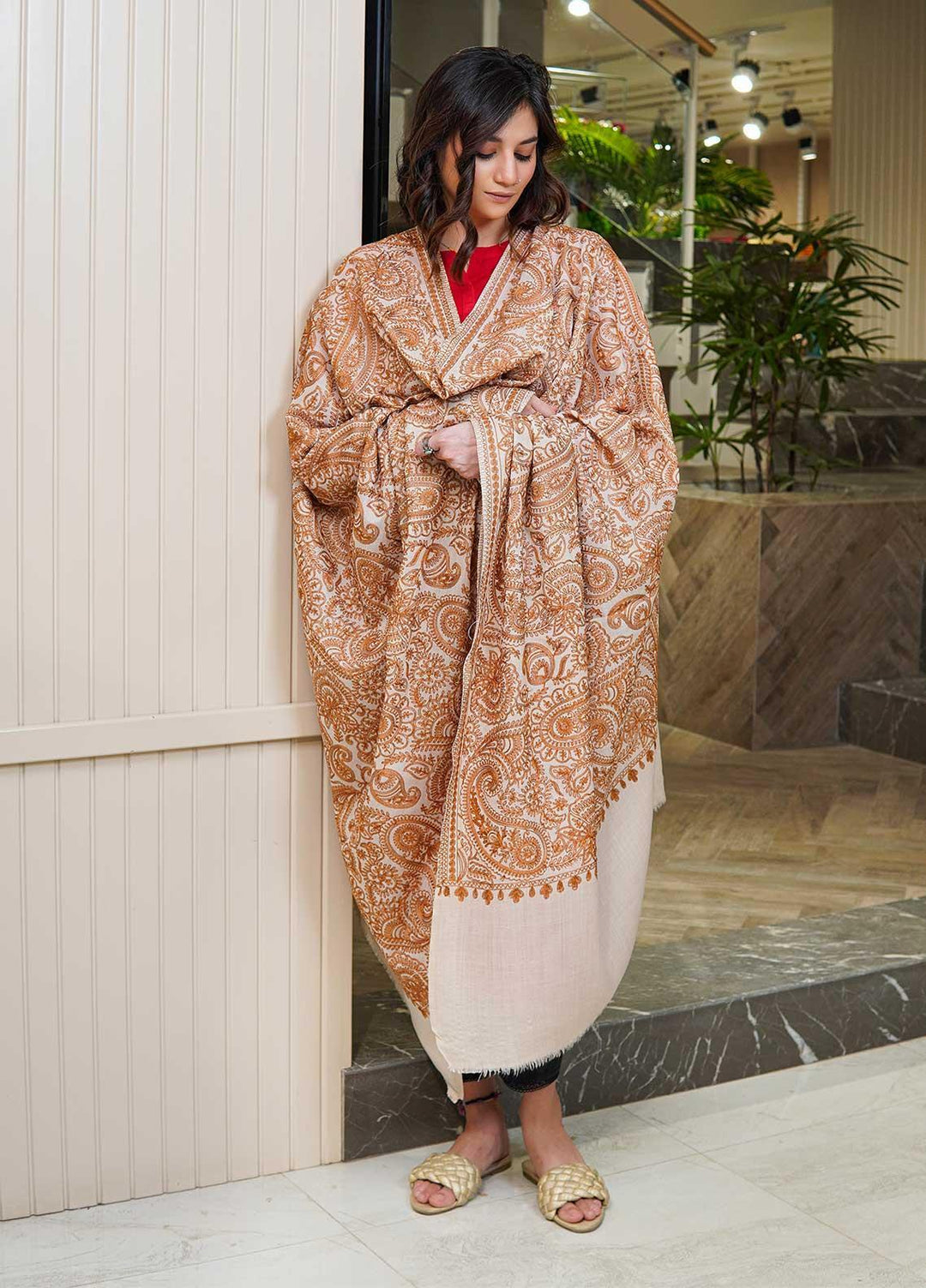 Sanaulla Exclusive Range  Pashmina  Shawls Zarri Nalki Pasily Jaal AD KPS-43 Fawn04 - Pashmina Shawls