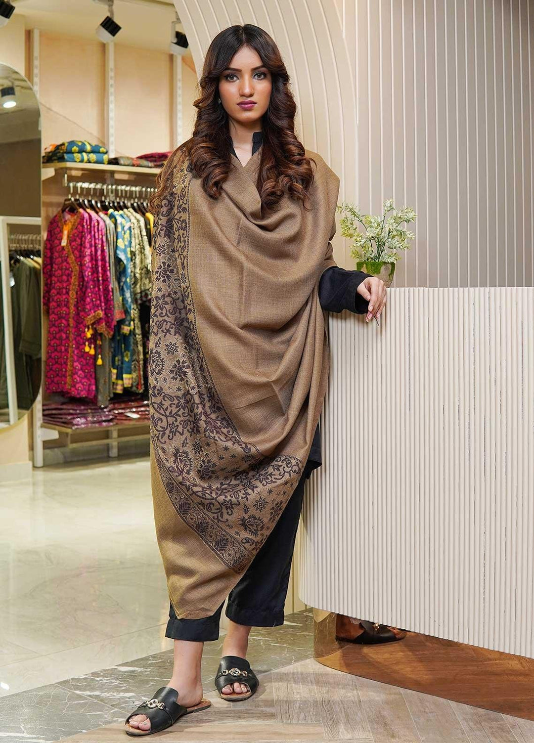 Sanaulla Exclusive Range  Pashmina  Shawls Zarri Palla C KPS-54 Brown02 - Pashmina Shawls