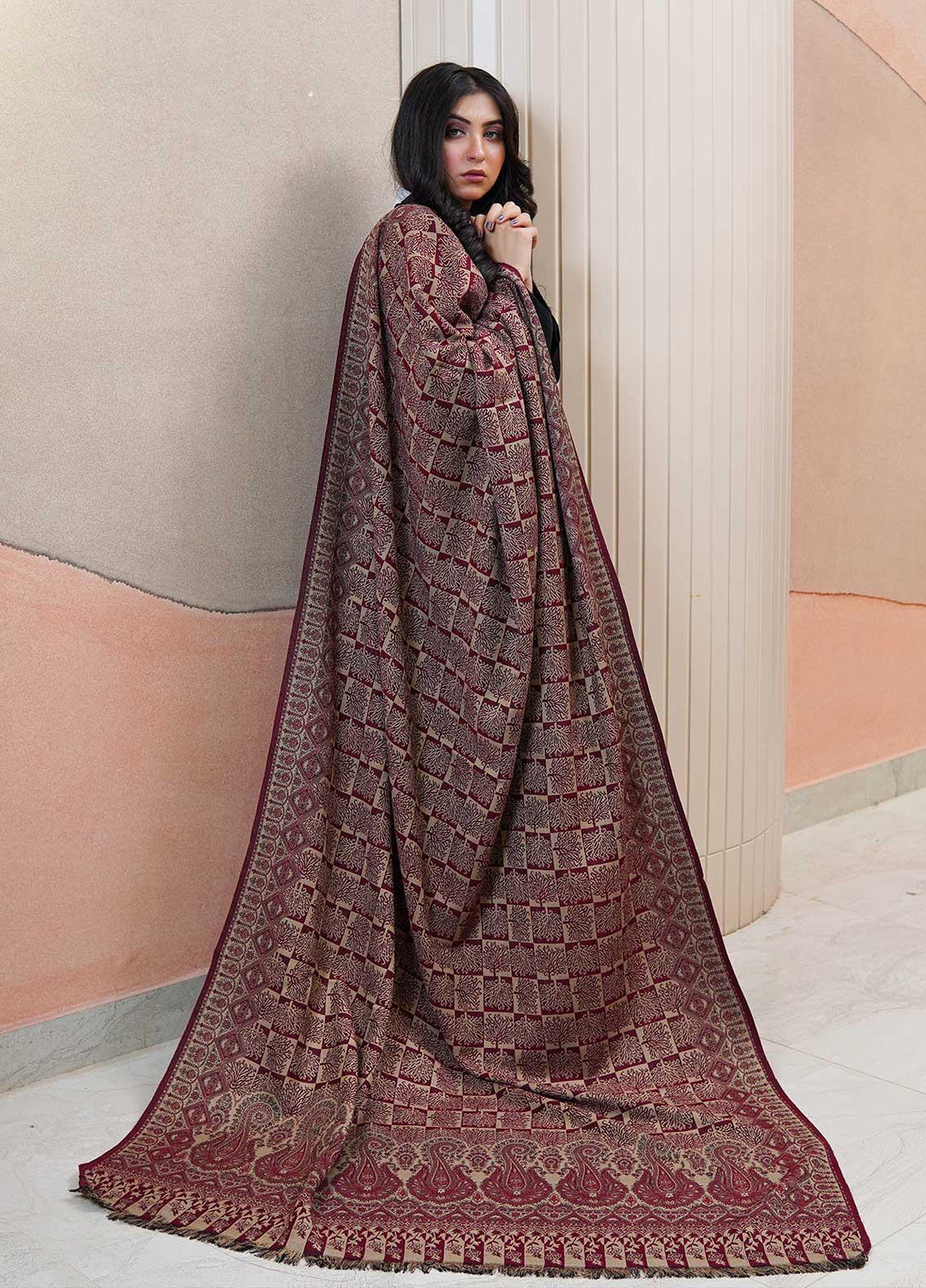 Sanaulla Exclusive Range  Pashmina  Shawls AKP-22 Maroon 04 - Pashmina Shawls
