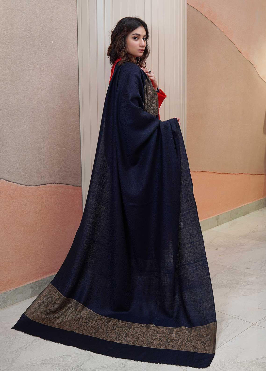 Sanaulla Exclusive Range  Pashmina  Shawls AKP-08 Navy Blue - Pashmina Shawls