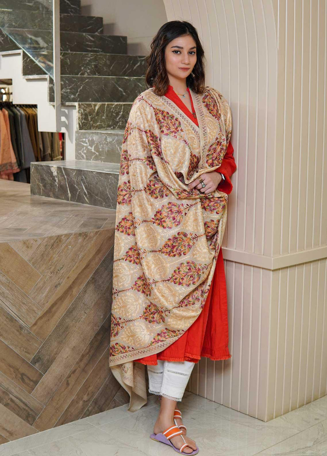 Sanaulla Exclusive Range  Pashmina  Shawls MAMA-22 Beige-3 - Pashmina Shawls