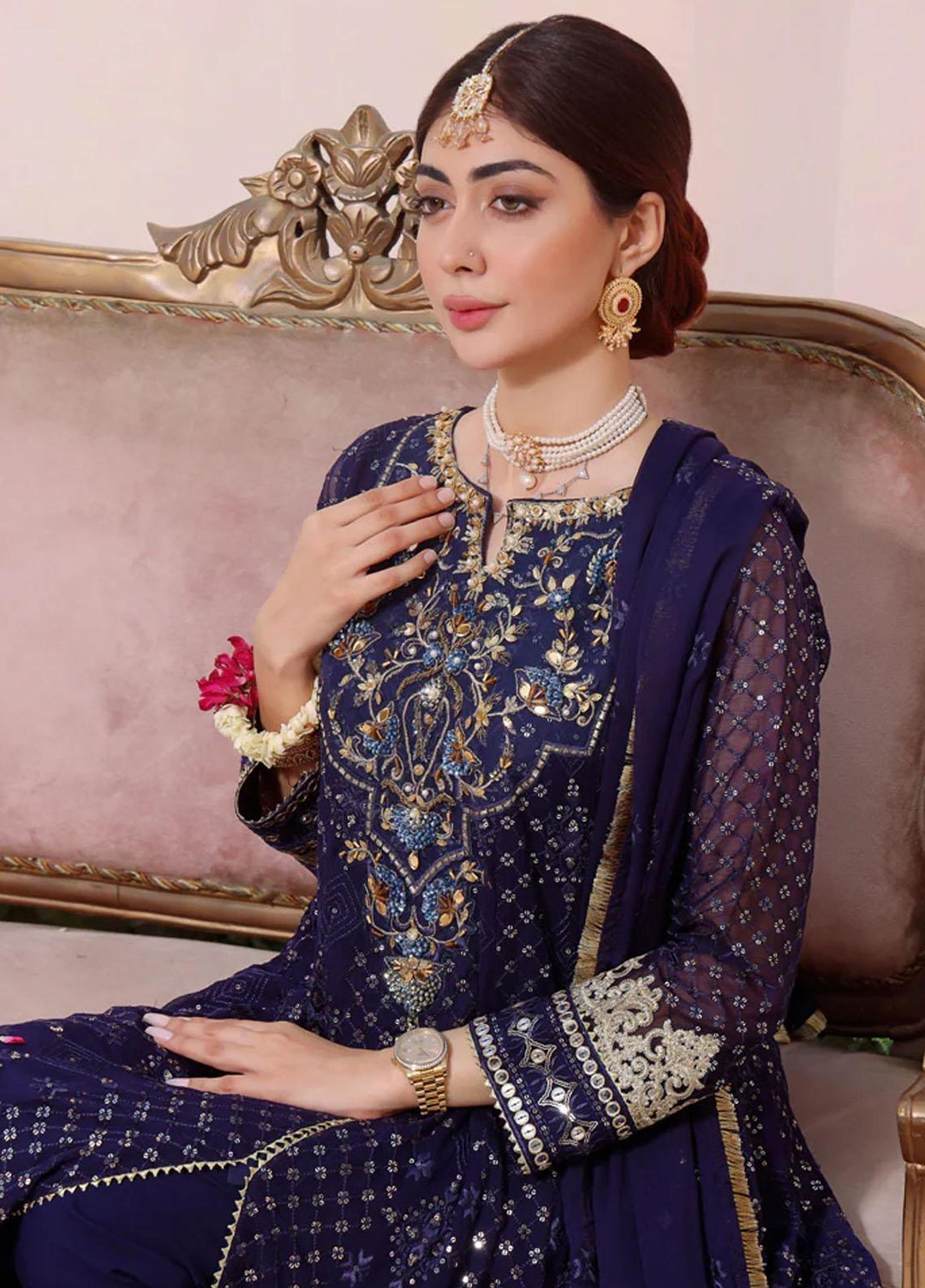 Al Harir Apparel Pret Embroidered Chiffon 3 Piece Suit Navy Blue