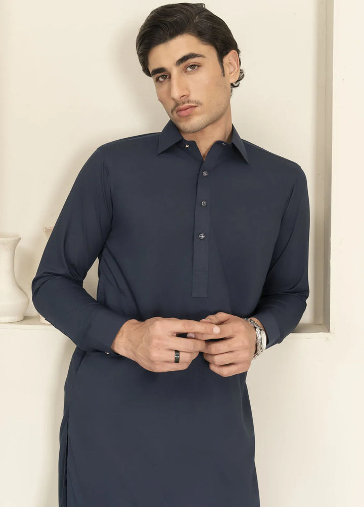 Sarkhail Wash n Wear Premium Blended Mens Kameez Shalwar - Premium Midnight Blue