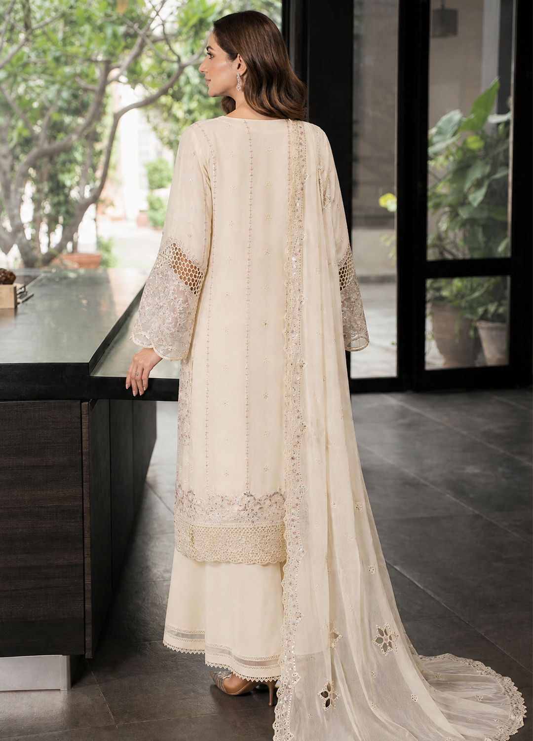 Fasane by HZ Textiles RTW Embroidered Chiffon 3 Piece Suit HZ26UCF HZK-236 Cream - Festive Collection