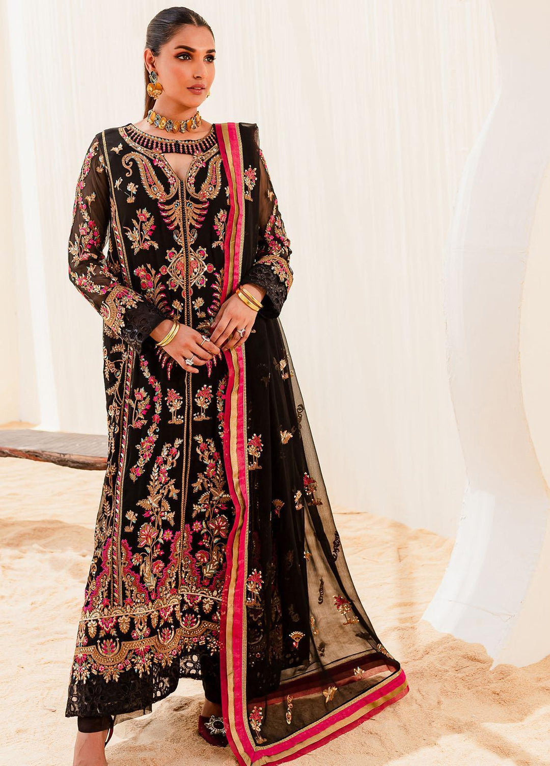 Sejal By Mashq Embroidered Chiffon Suits Unstitched 3 Piece MQ23SL BLACK IRIS - Luxury Collection