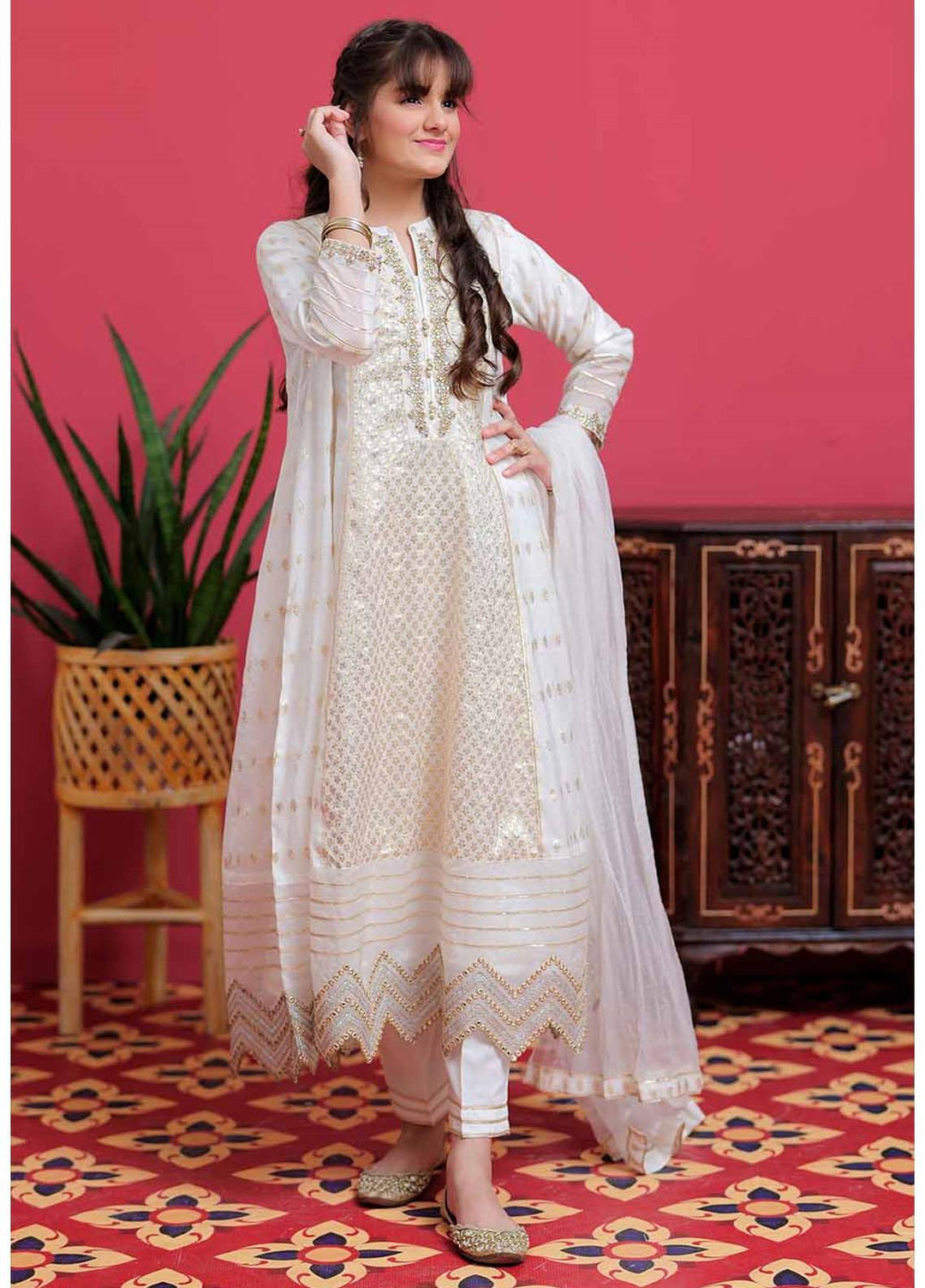 Senorita Banarsi Pret 3 Piece Suit for Girls -  GDD-02100-WHT/GLD