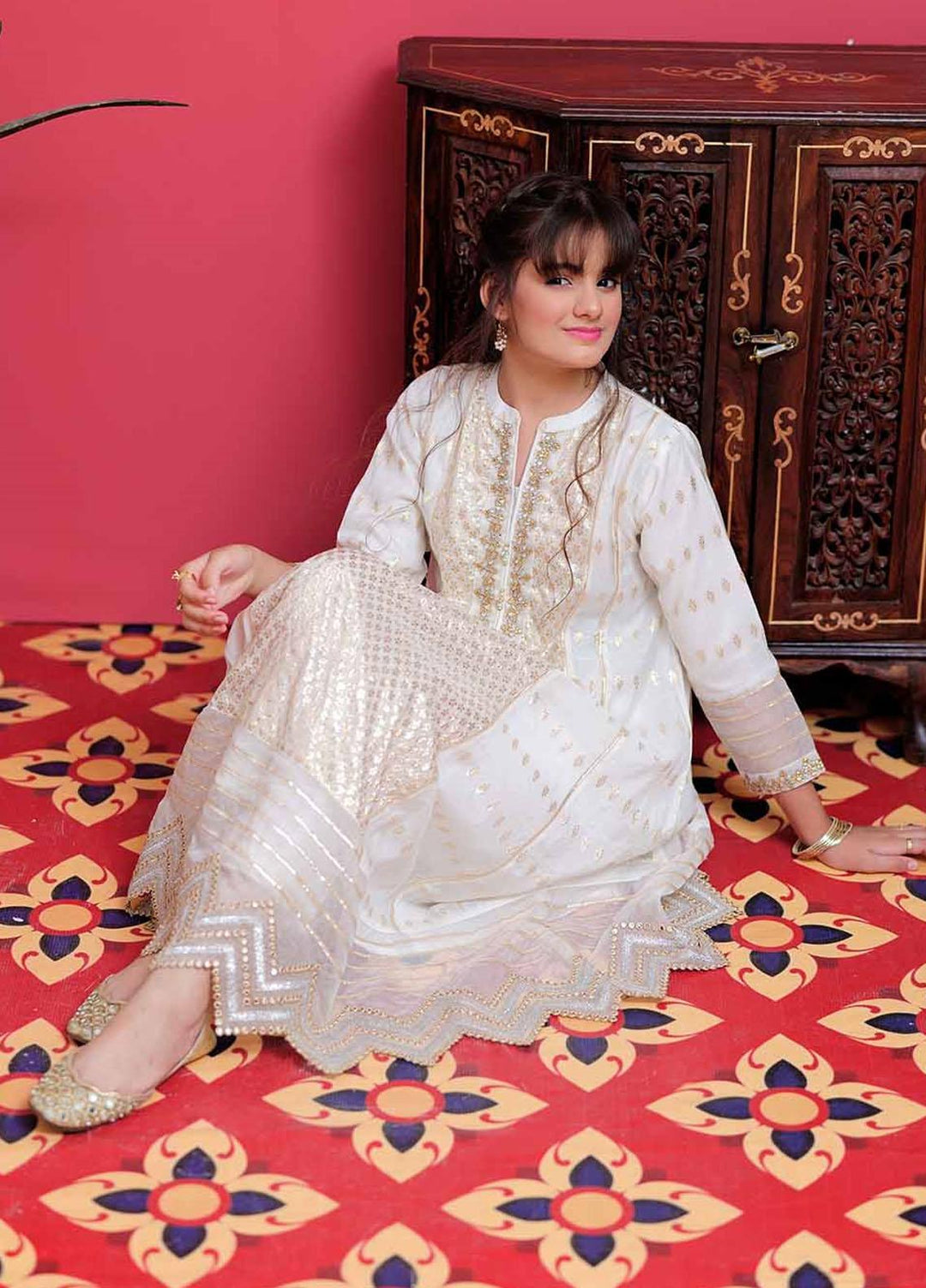 Senorita Banarsi Pret 3 Piece Suit for Girls -  GDD-02100-WHT/GLD