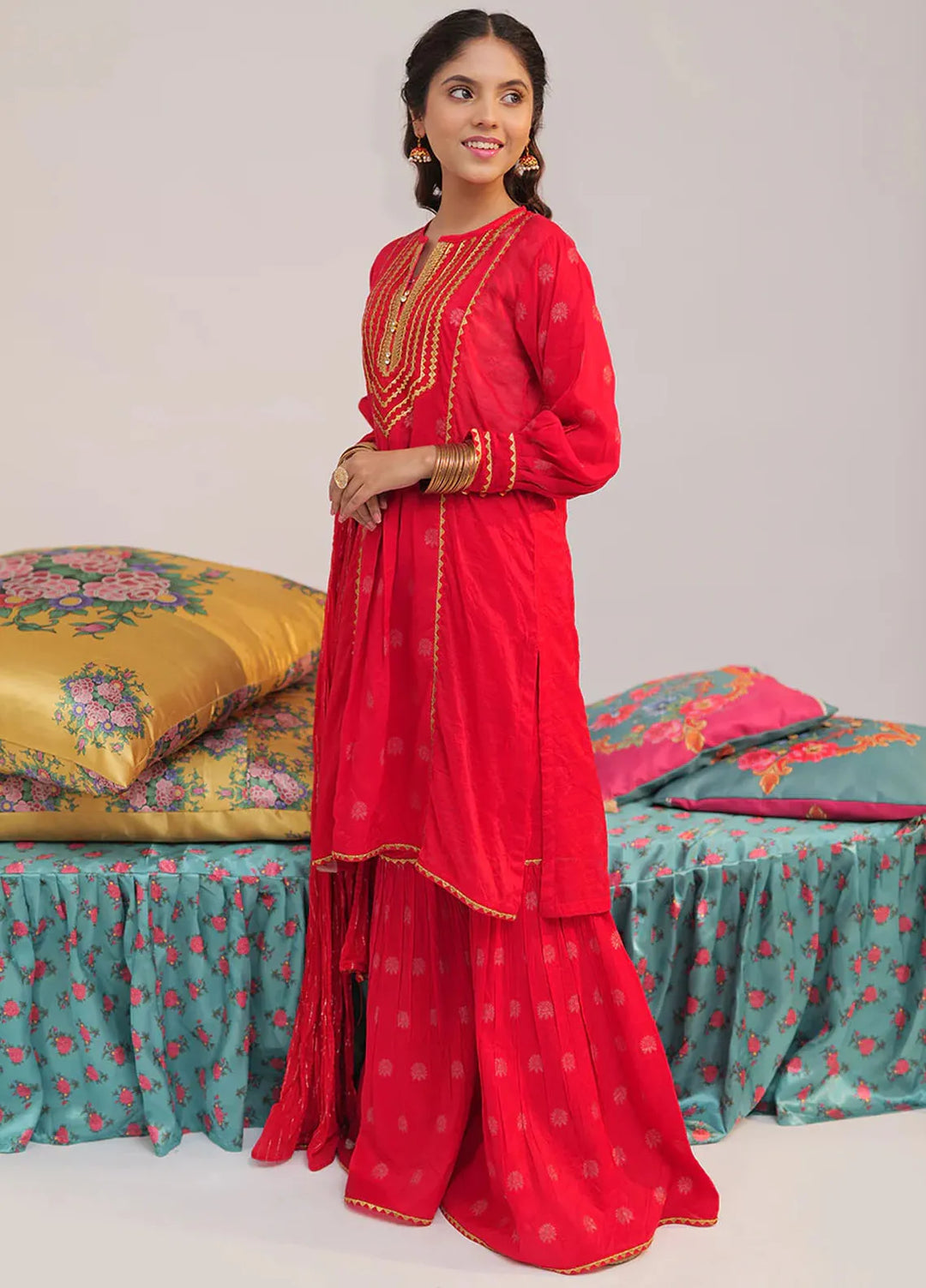 Senorita Banarsi Casual 3 Piece Suit for Girls -  GDD-02429-RED/GLD