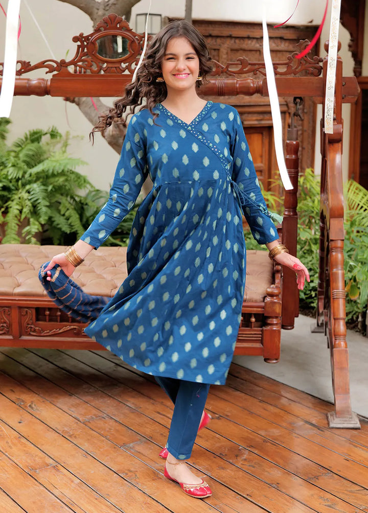 Senorita Cotton Casual 3 Piece Suit for Girls -  GBD-02613-BLU/GLD