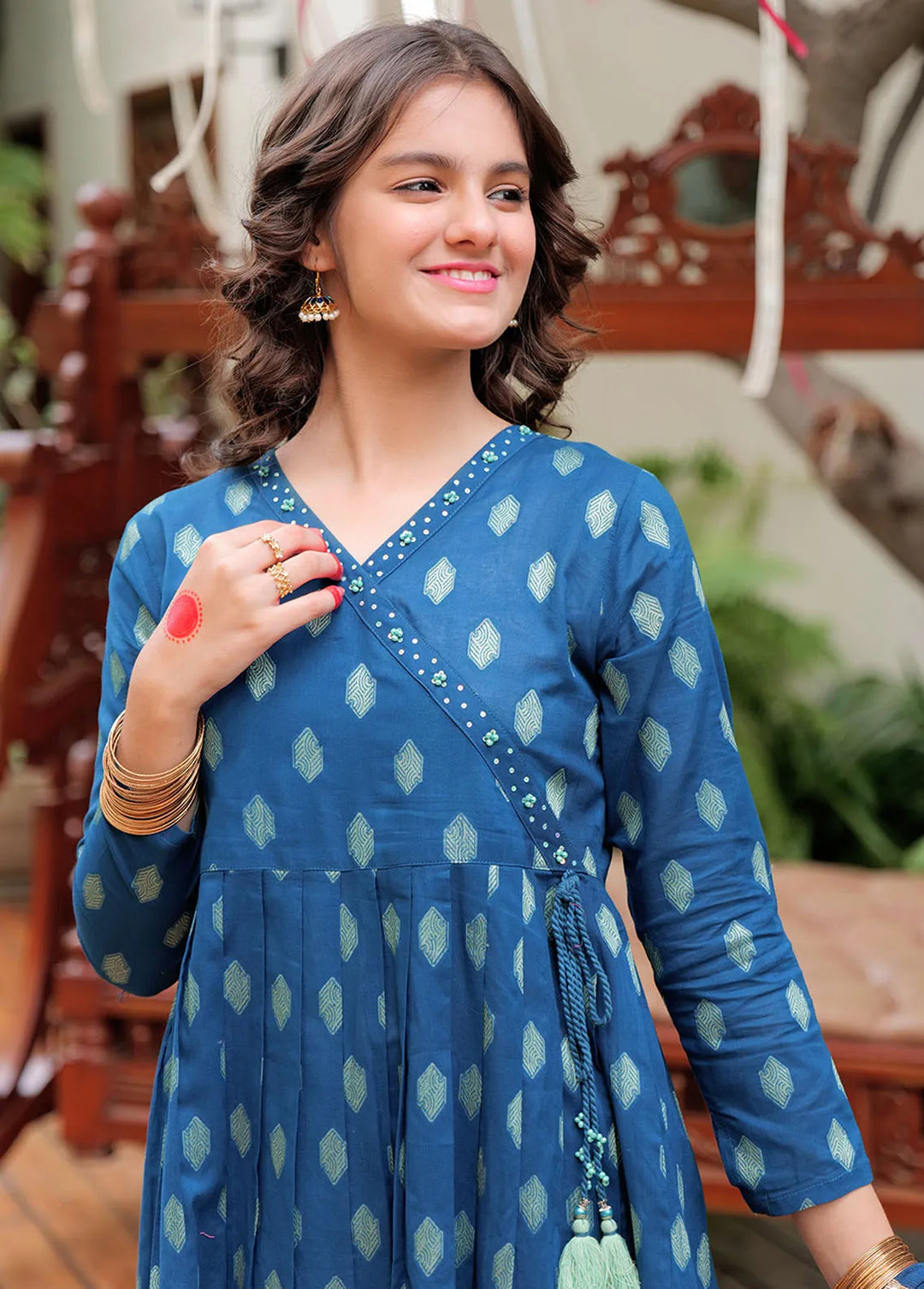 Senorita Cotton Casual 3 Piece Suit for Girls -  GBD-02613-BLU/GLD