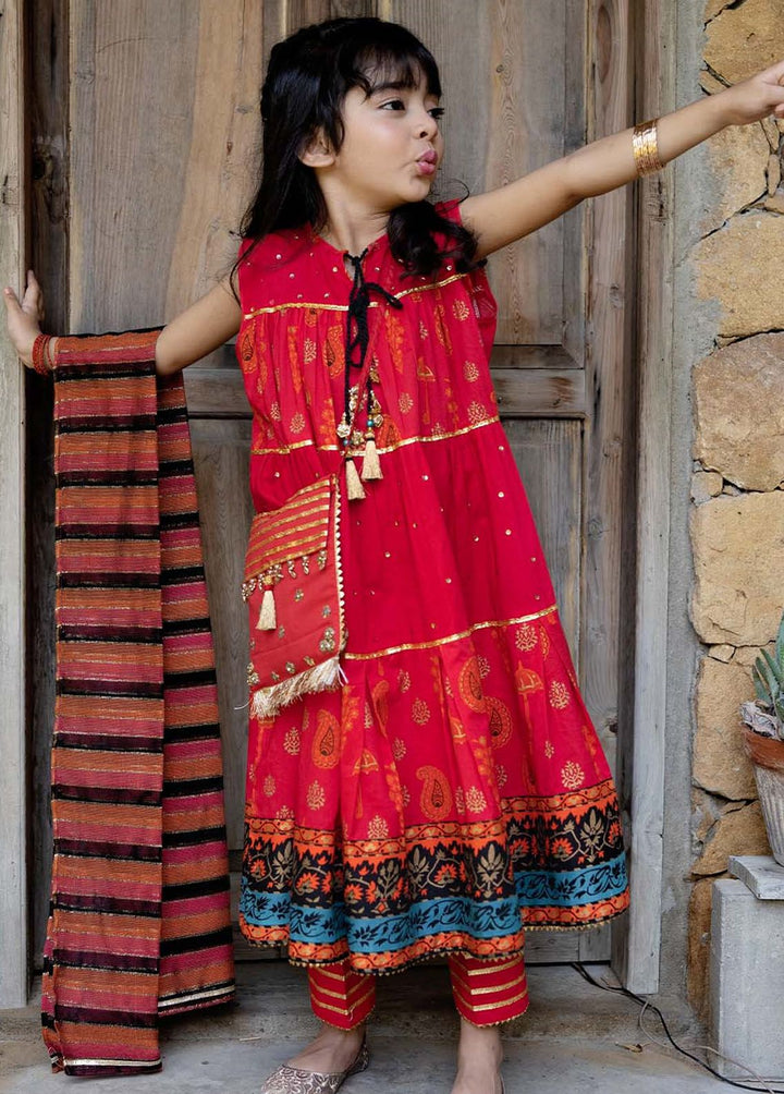 Senorita Cotton Casual 3 Piece Suit for Girls -  KBD-02327-RED/MCL