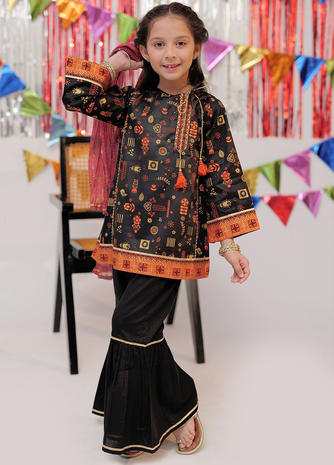 Senorita Cotton Casual 3 Piece Suit for Girls -  KBD-02554-BLK/MCL