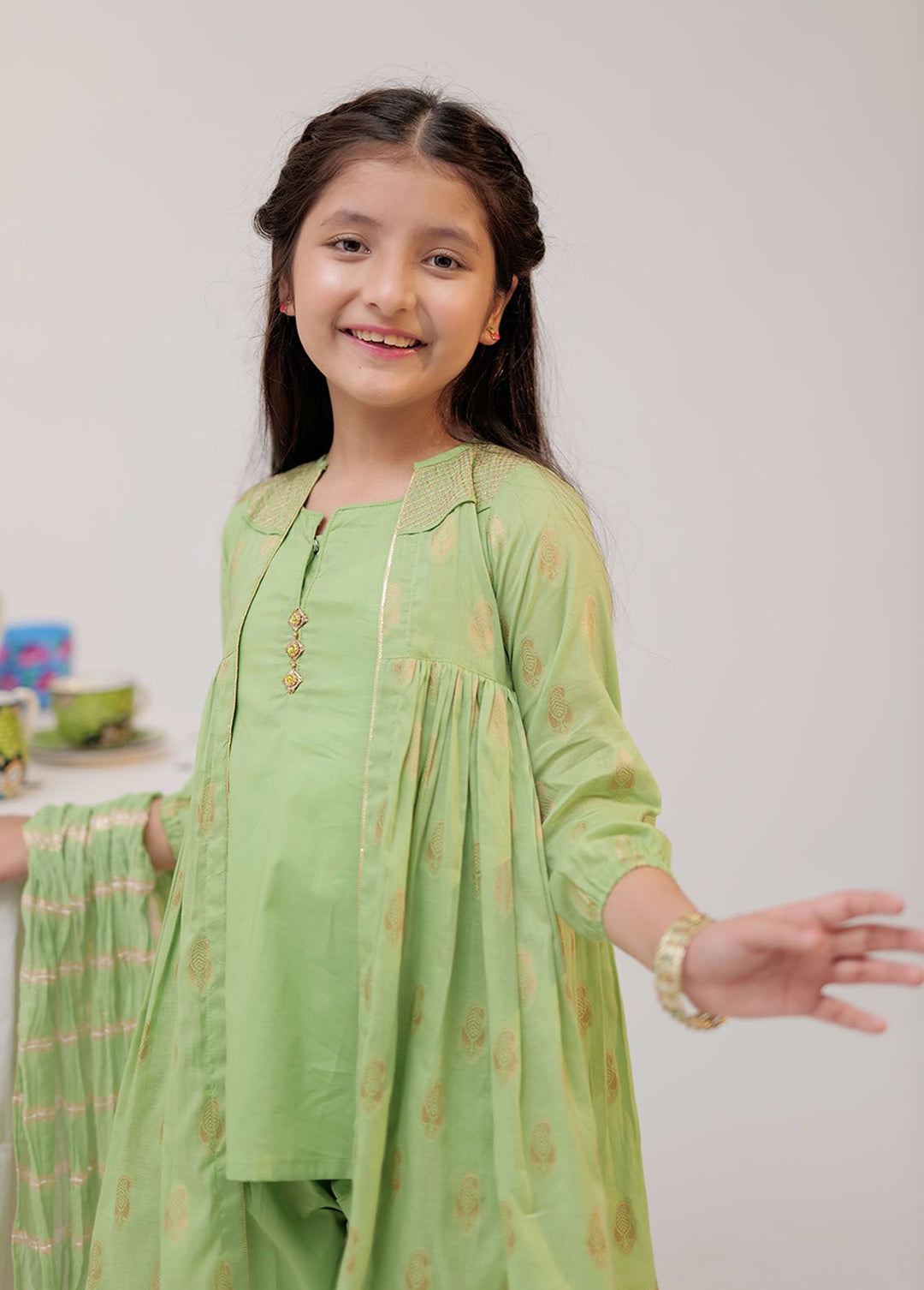 Senorita Cotton Casual 3 Piece Suit for Girls -  KBD-02600-PGN/GLD