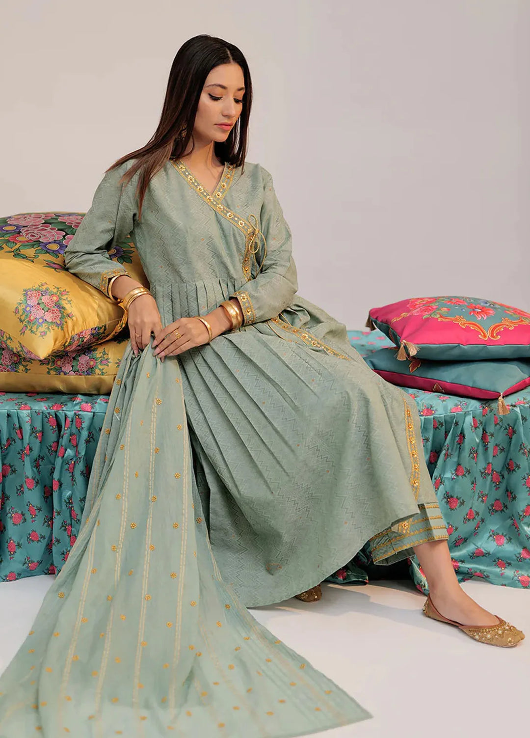 Senorita Cotton Casual 3 Piece Suit for Women -  LBD-02560-GRN/GLD