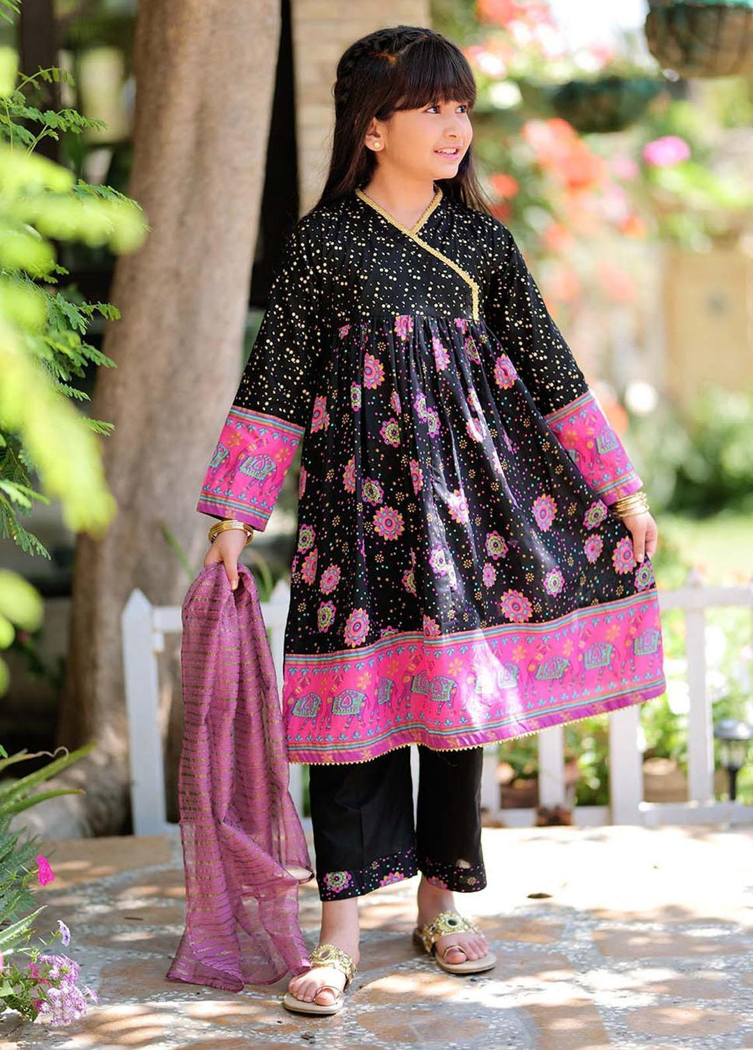 Senorita Cotton Casual 3 Piece Suit for Girls -  KBD-02330-BLK/MCL