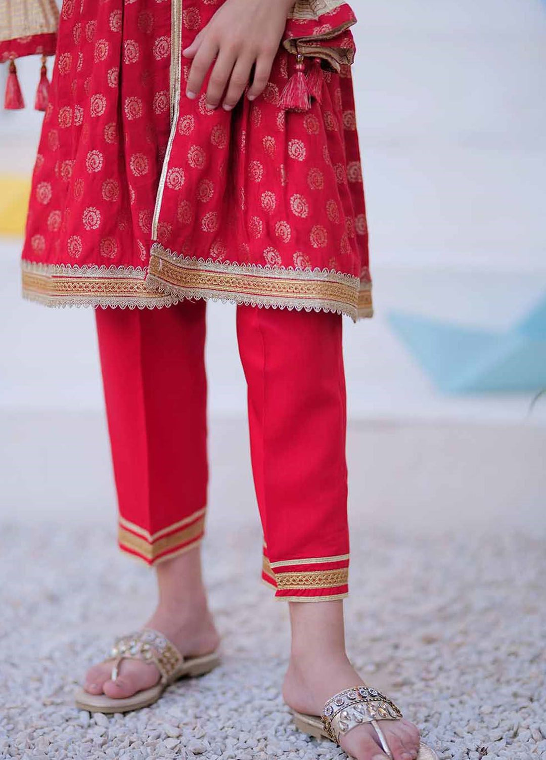 Senorita Jamawar Casual 3 Piece Suit for Girls -  KDD-02407-RED/GLD