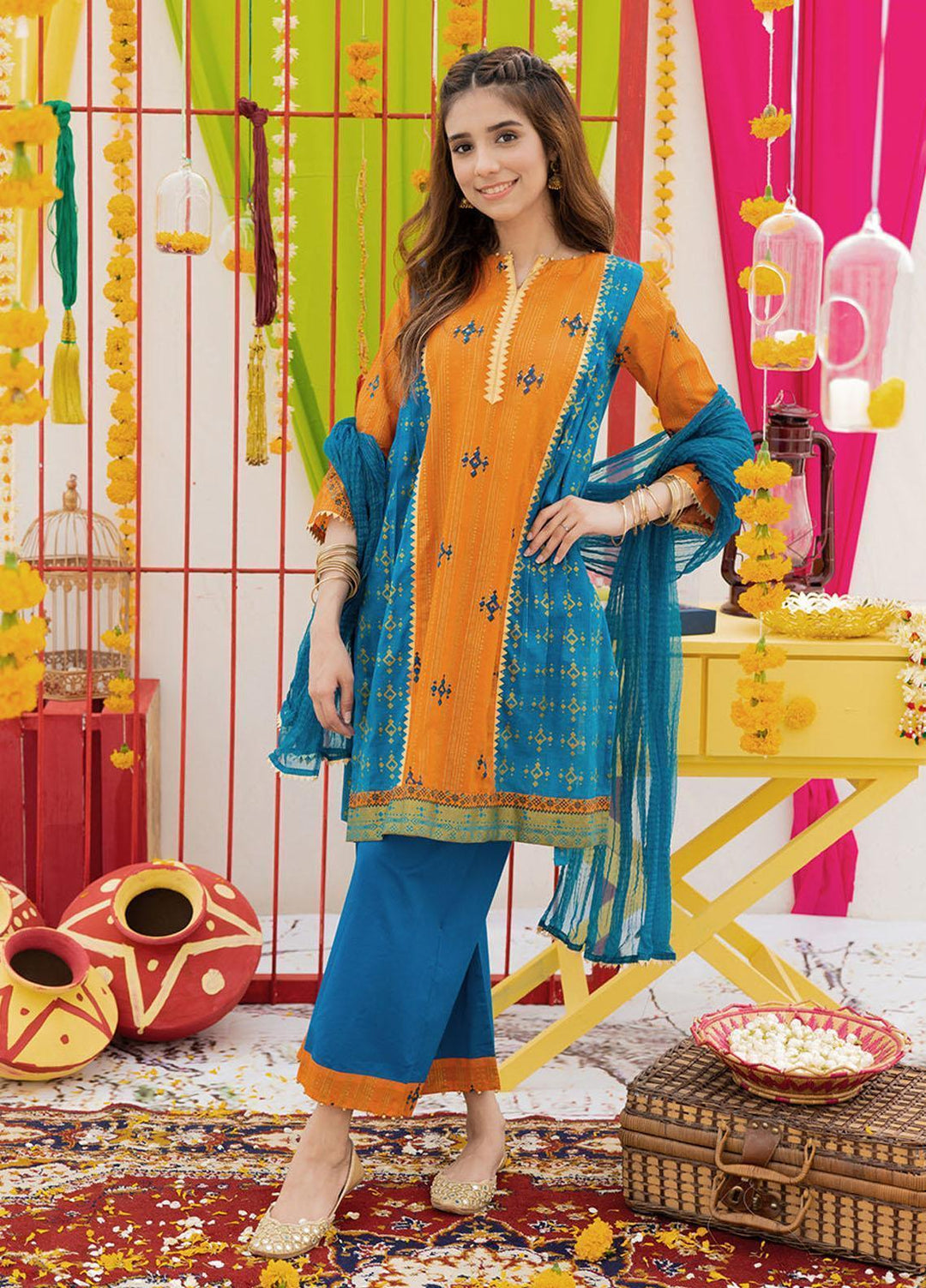 Senorita Lawn Fancy Pret Girls 3 Piece -  GBD-01575-OGN/BLU