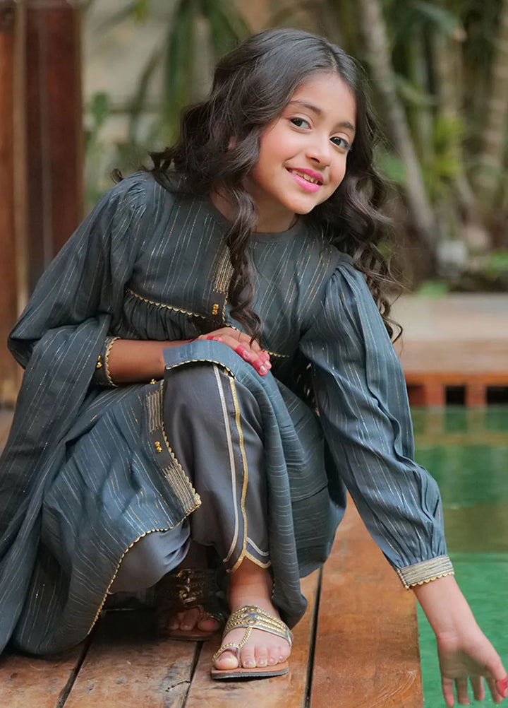 Senorita Organza Casual 3 Piece Suit for Kids -  KBD-02605-GRY/GLD