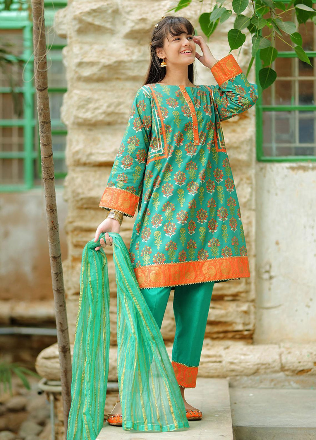 Senorita Cotton Pret 3 Piece Suit for Girls -  GBD-02036-GRN/MCL