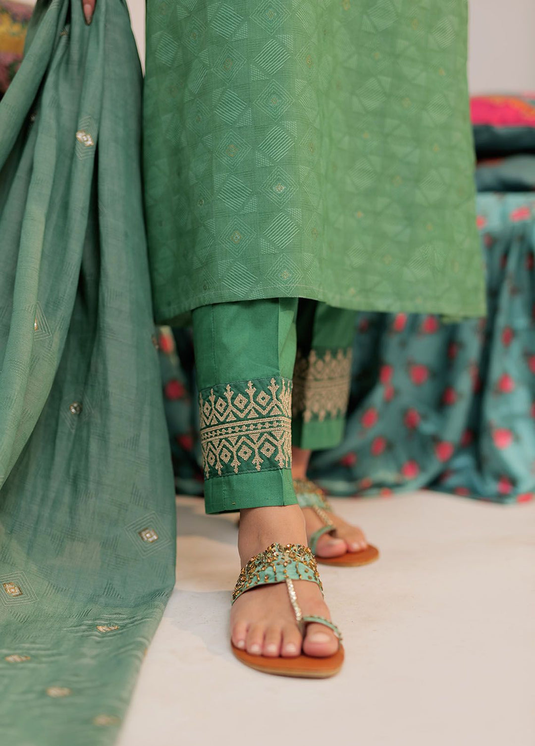 Senorita Pret Casual Cotton 3 Piece Suit LBD-02565-GRN/GLD