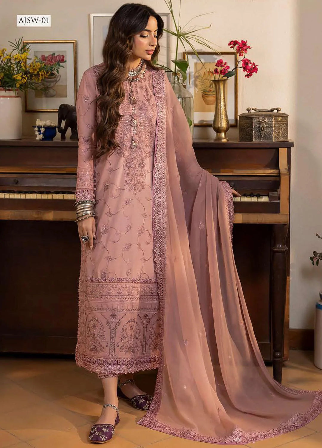 Shadow Work By Asim Jofa Embroidered Lawn Unstitched Suit 3 Piece AJ23SW AJSW-01 - Luxury Festive Collection