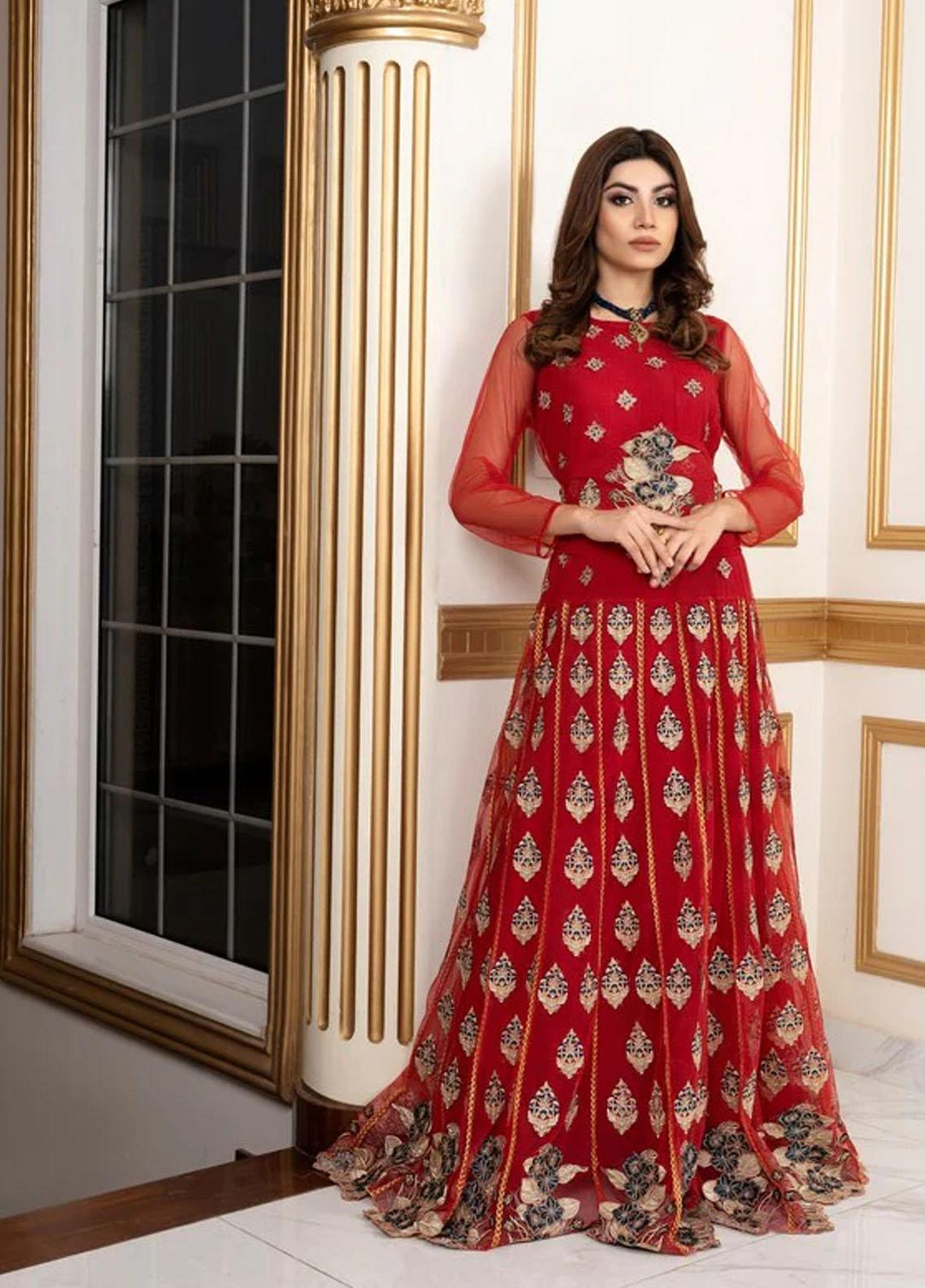 Shahnai By Norans Embroidered Net Suits Unstitched 3 Piece NRS22S NLC-02 Alizah-Red - Luxury Collection